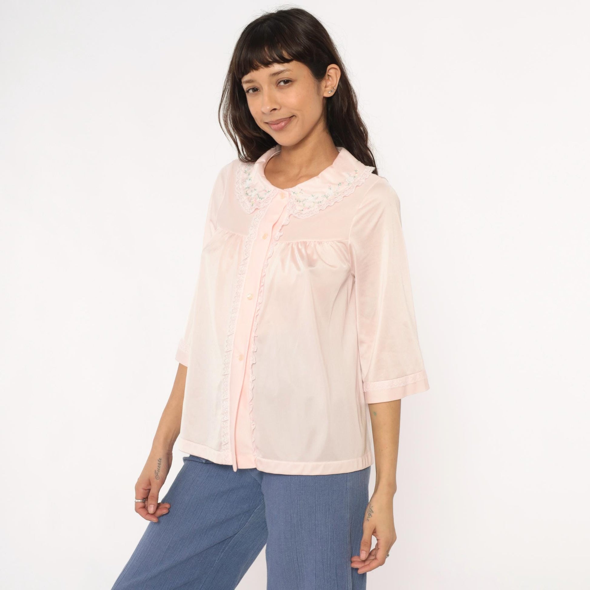 80s Shadowline Nylon Blouse Peter Pan Collar Embroidered Floral Pink Small