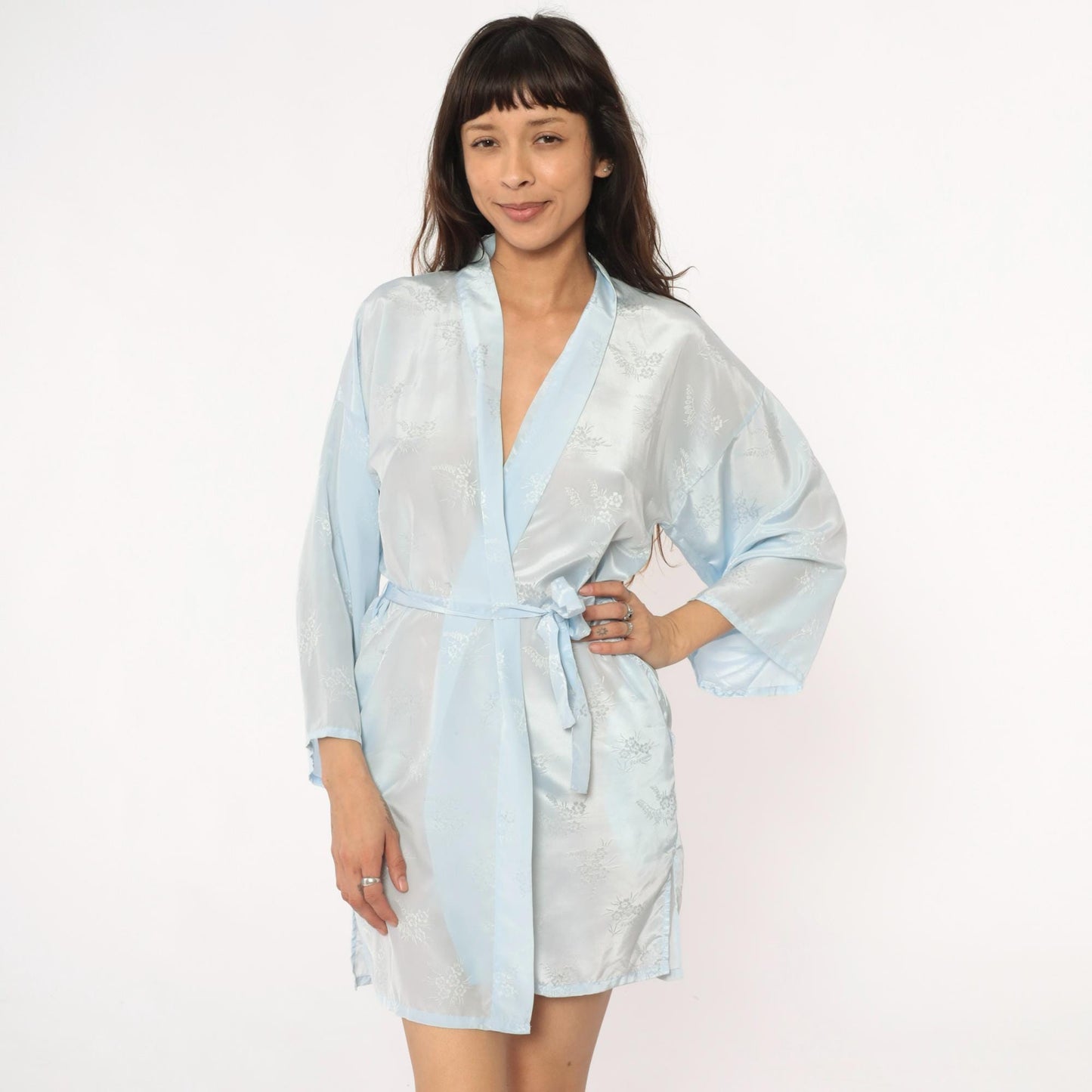 80s Pale Blue Kimono Robe Floral Print Wrap Shawl Collar Medium