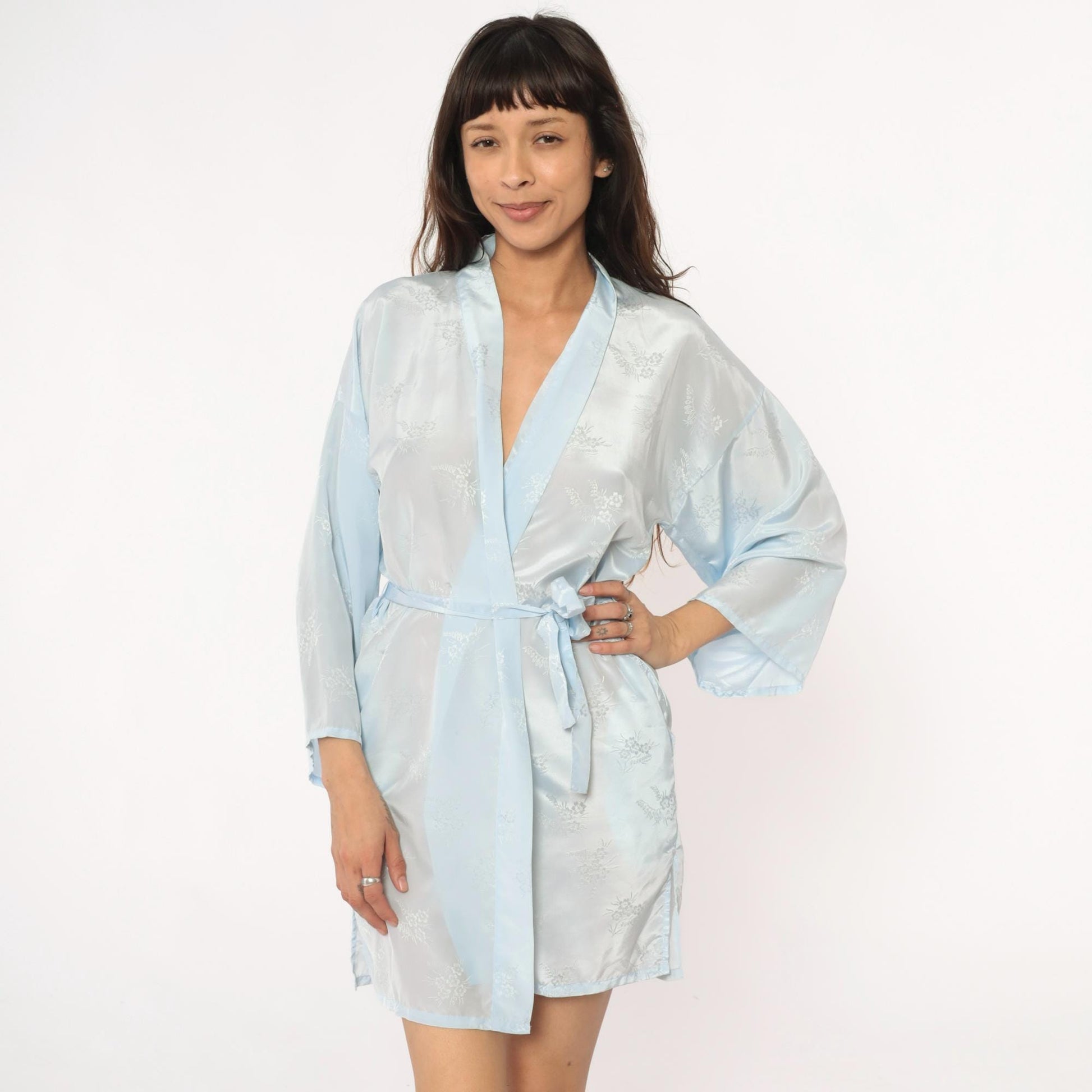 80s Pale Blue Kimono Robe Floral Print Wrap Shawl Collar Medium