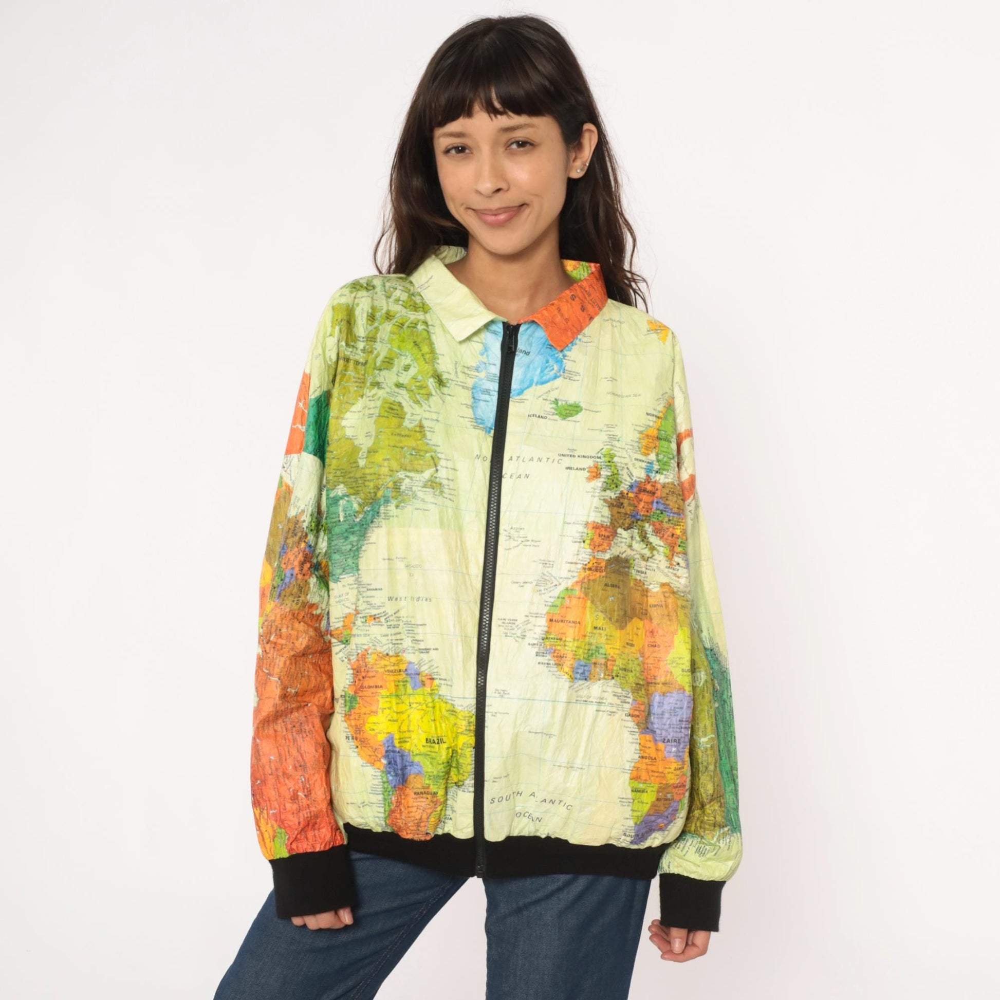 90s Admiral Ty World Map Windbreaker Jacket Tyvek Zip Multicolor Continents Extra Large XL