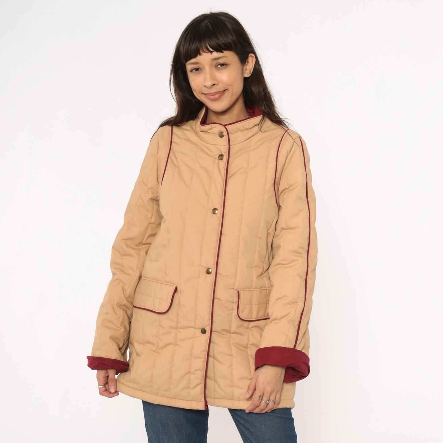 80s Saril Quilted Barn Jacket Tan Burgundy Trim Snap Front Small