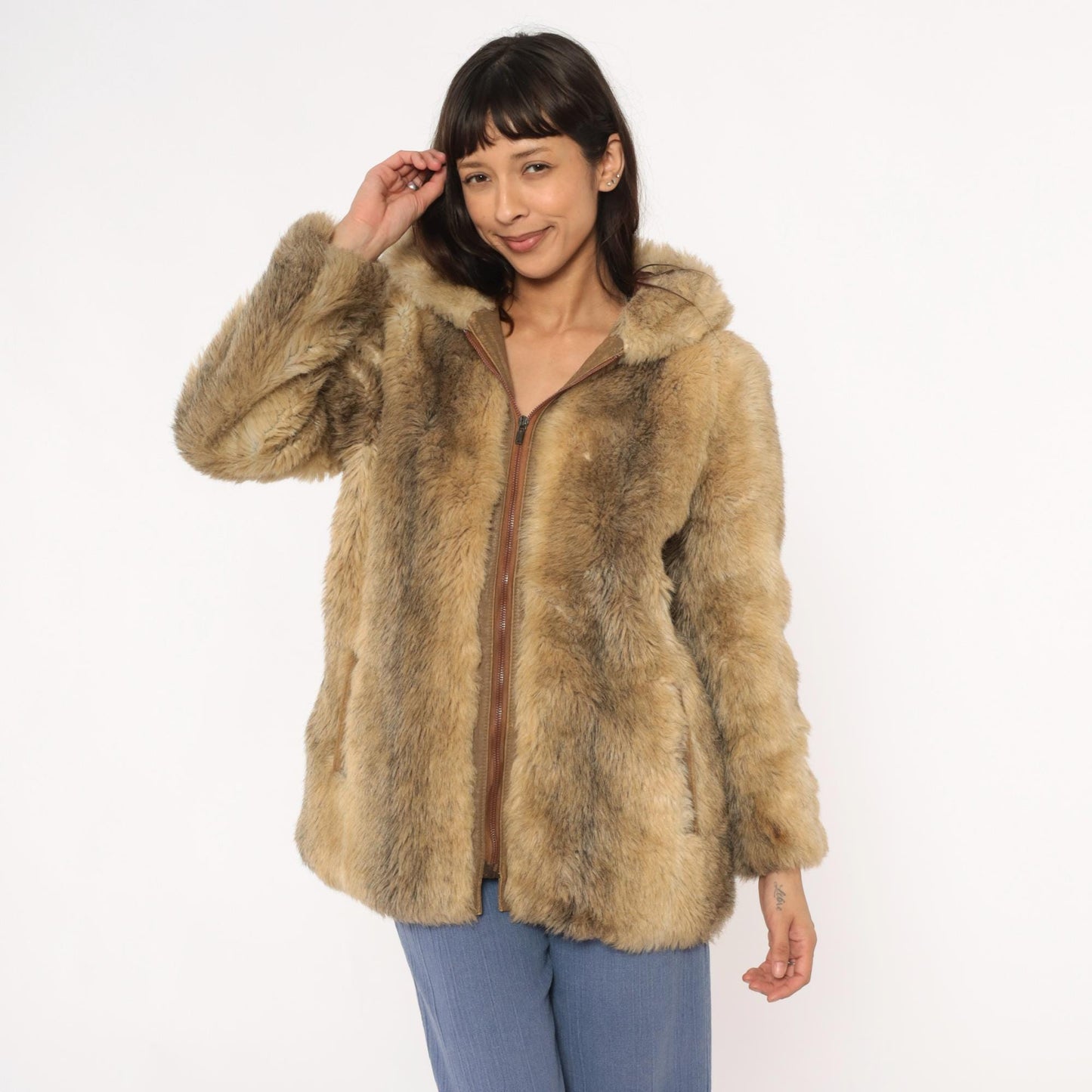 70s Beekman Place Faux Fur Hooded Coat Beige Brown Vinyl Trim Medium