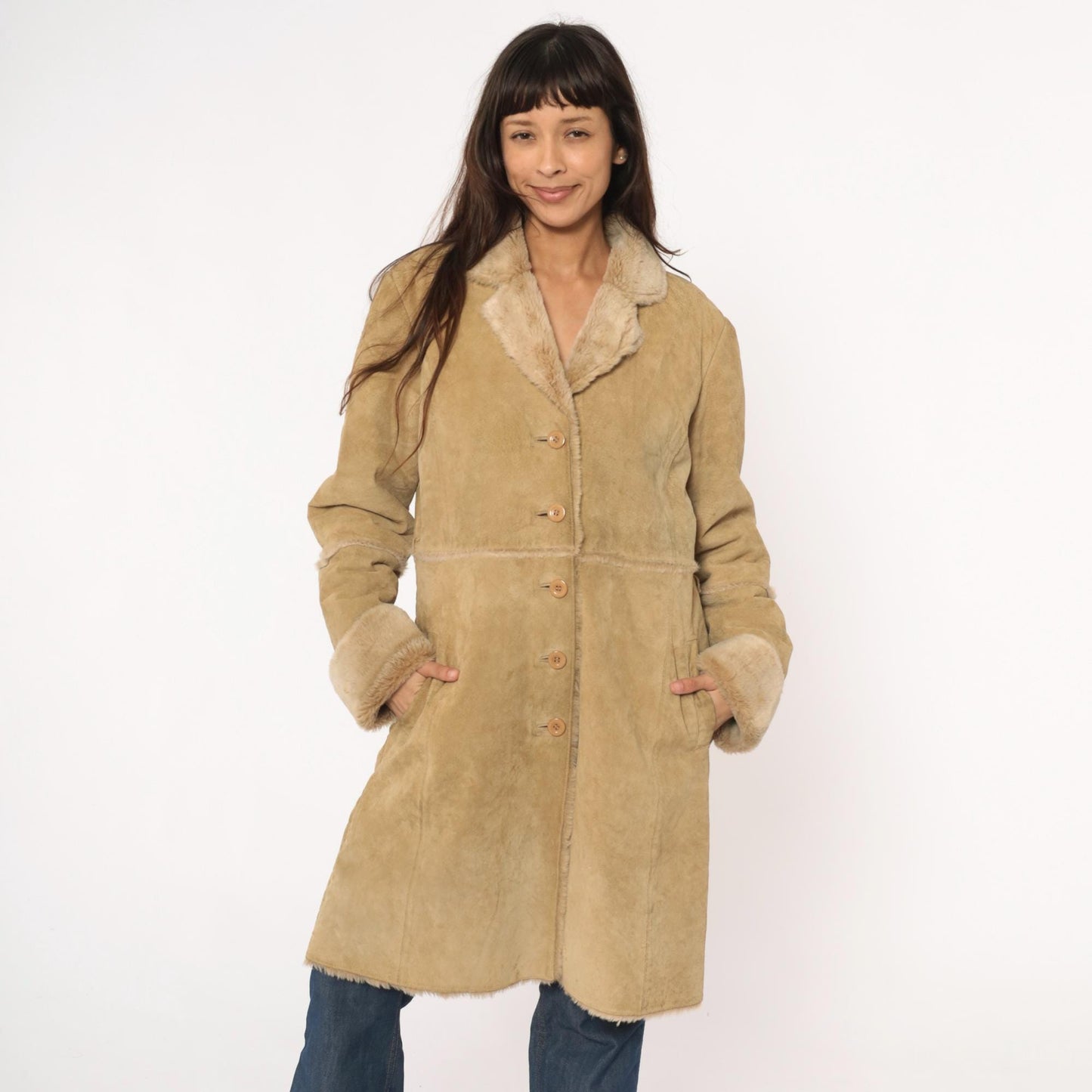 Y2K Brandon Thomas Leather Shearling Coat Tan Knee-Length Large L