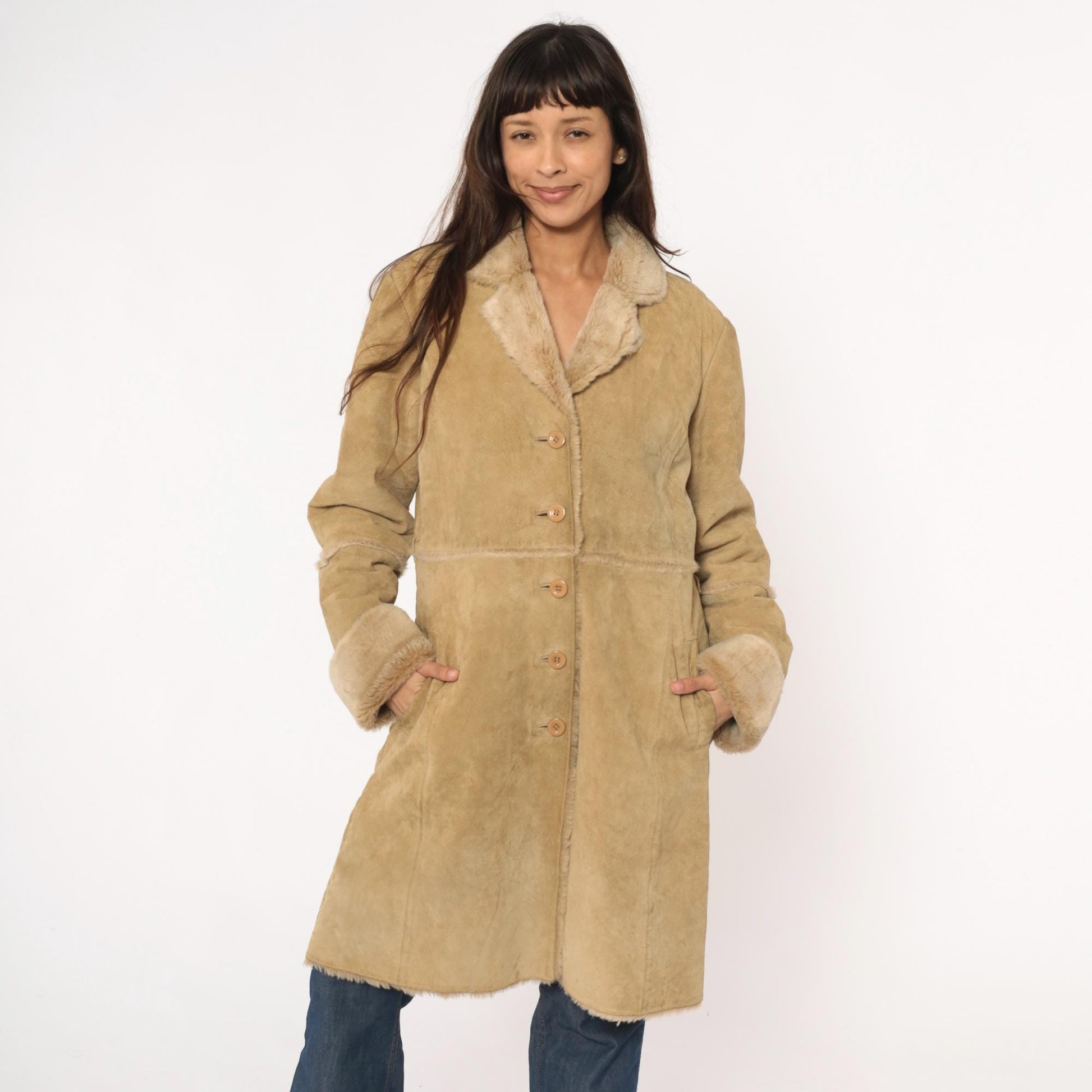 Y2K Brandon Thomas Leather Shearling Coat Tan Knee-Length Large L