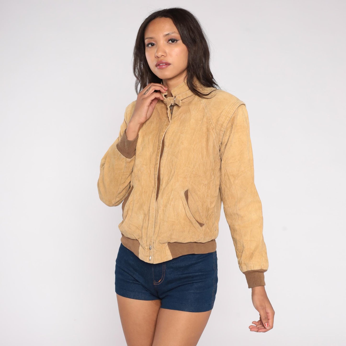80s Tan Corduroy Bomber Jacket Zip Front Buckle Collar Extra Small XS