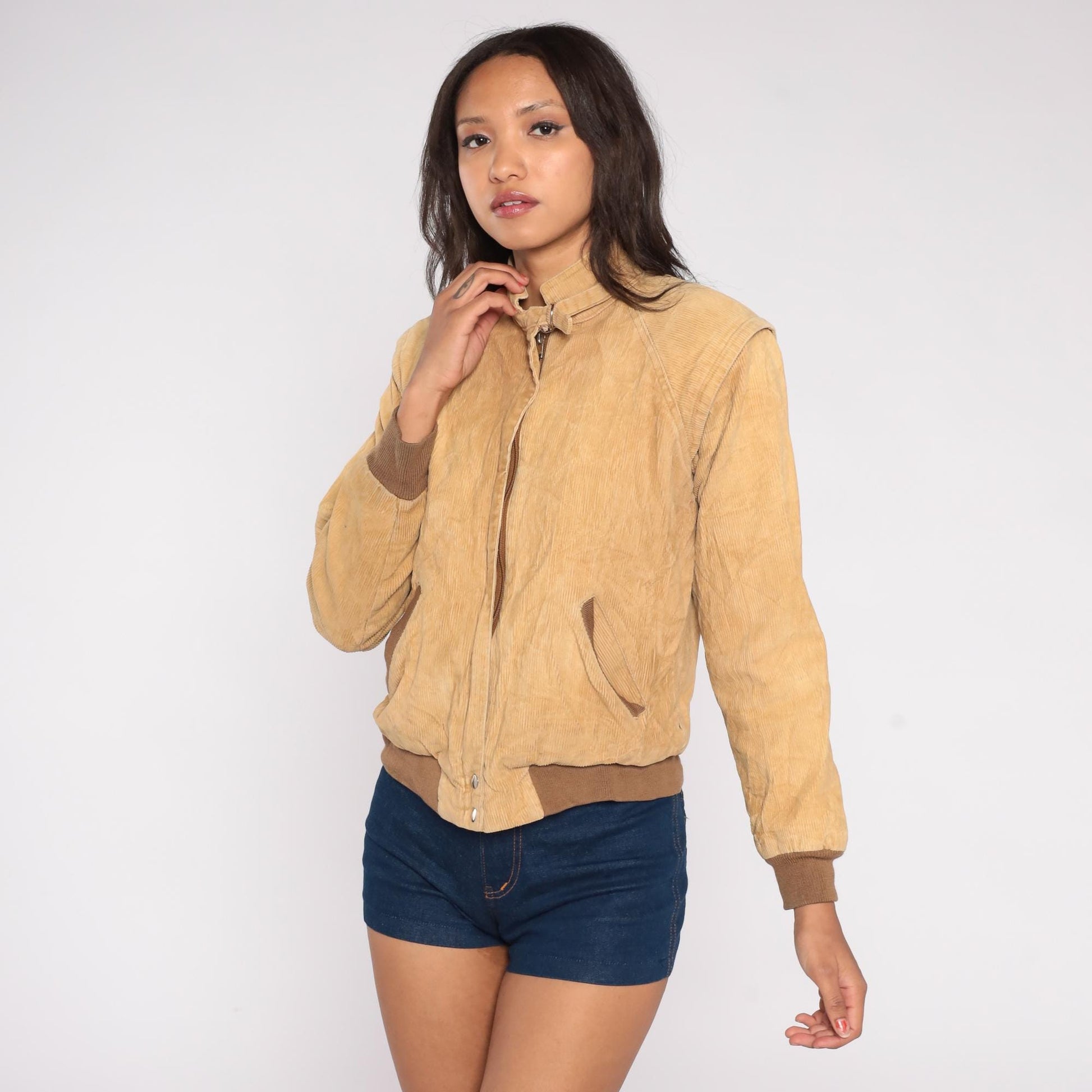80s Tan Corduroy Bomber Jacket Zip Front Buckle Collar Extra Small XS