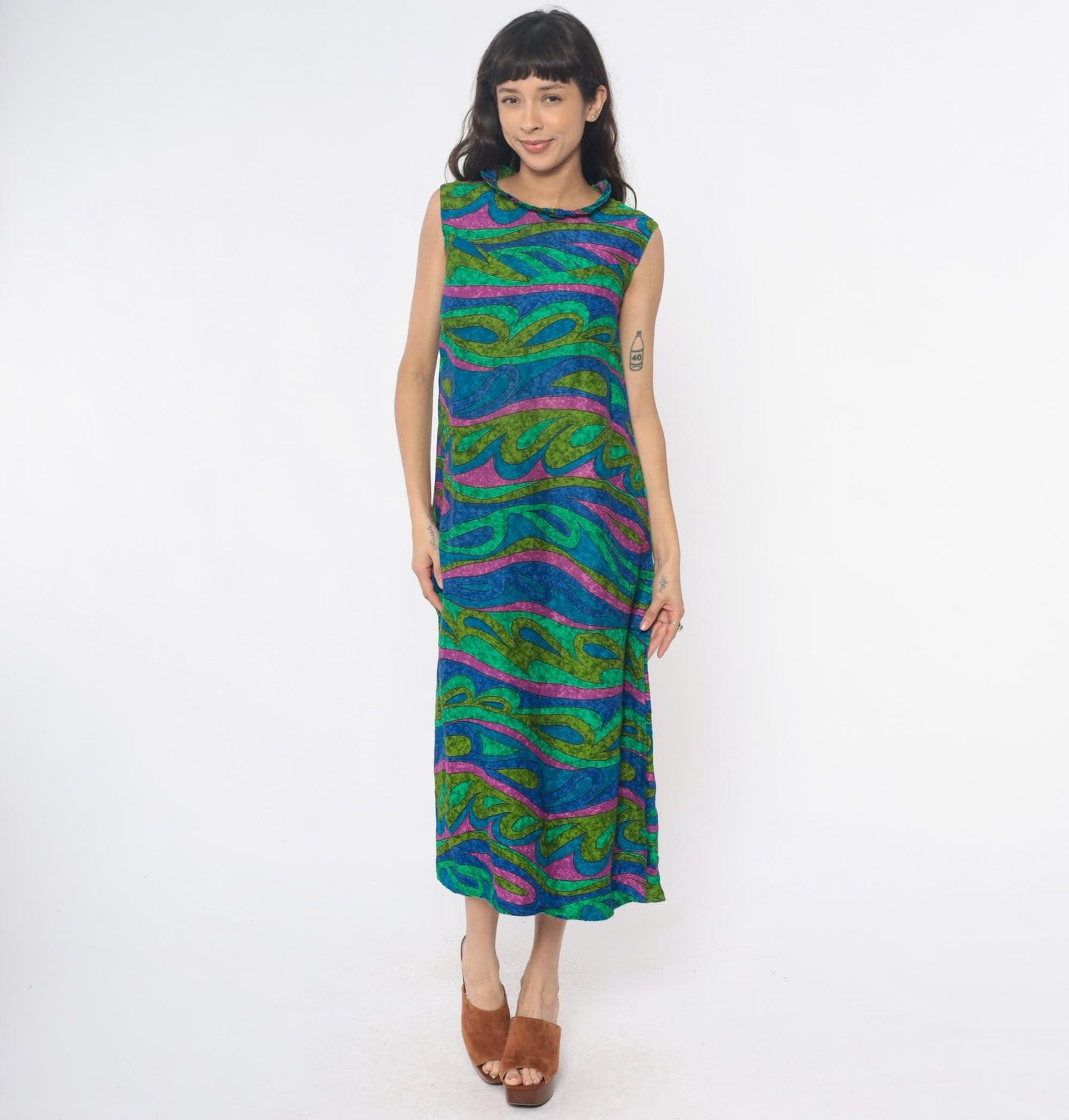 70s Psychedelic Swirl Maxi Dress Blue Green Pink Wave Print Sleeveless Extra Small