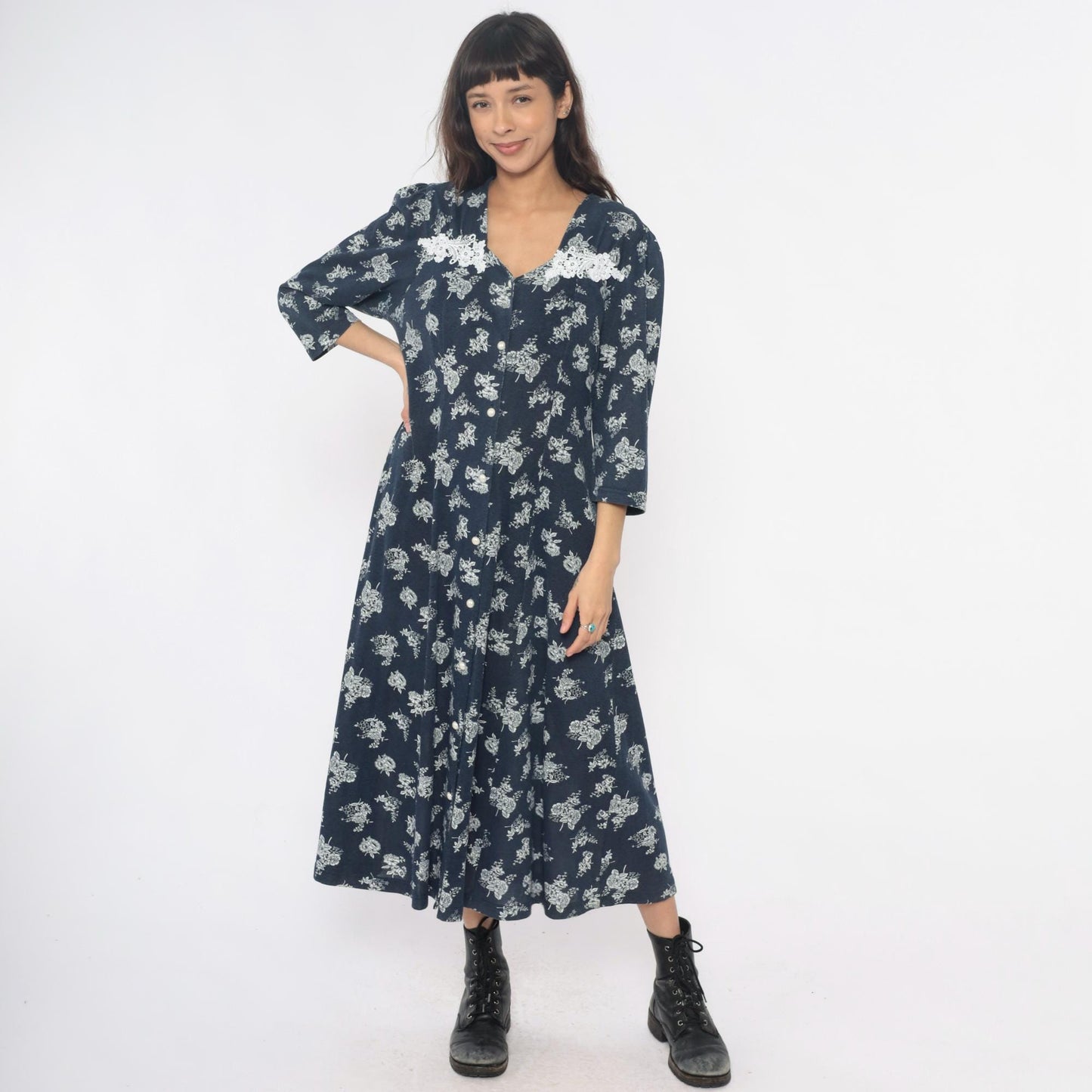 90s Navy Floral Maxi Dress Lace Collar Button Front Three Quarter Sleeve Extra Large XXL