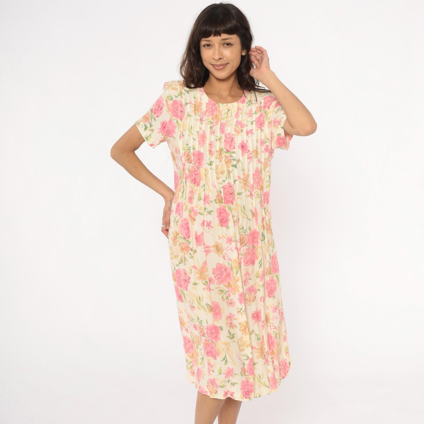 90s Teddi Floral Midi Dress Cream Pink Roses Pintuck Bodice Tie Back Large