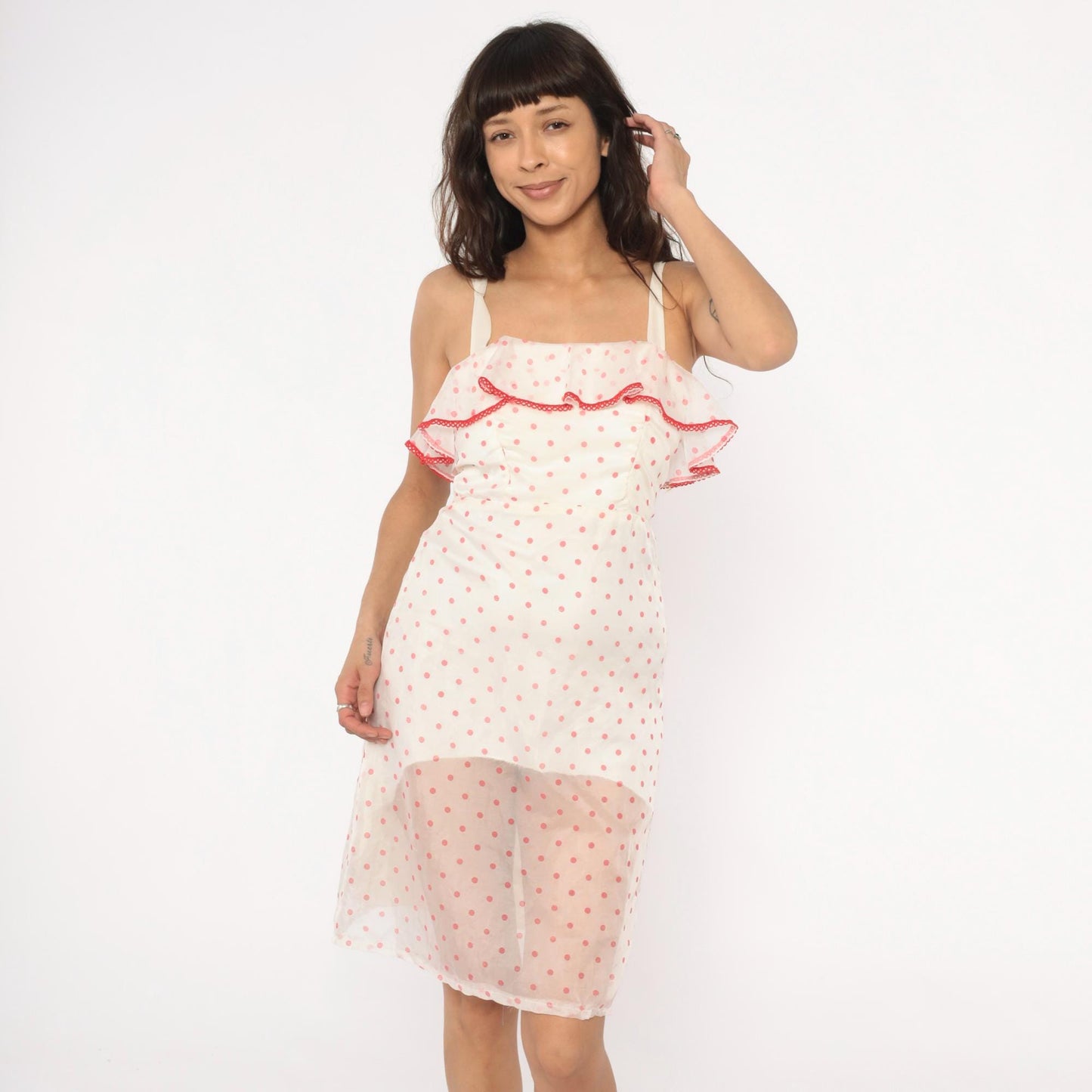 80s Pink White Polka Dot Midi Dress Red Ribbon Ruffle Spaghetti Strap Extra Small