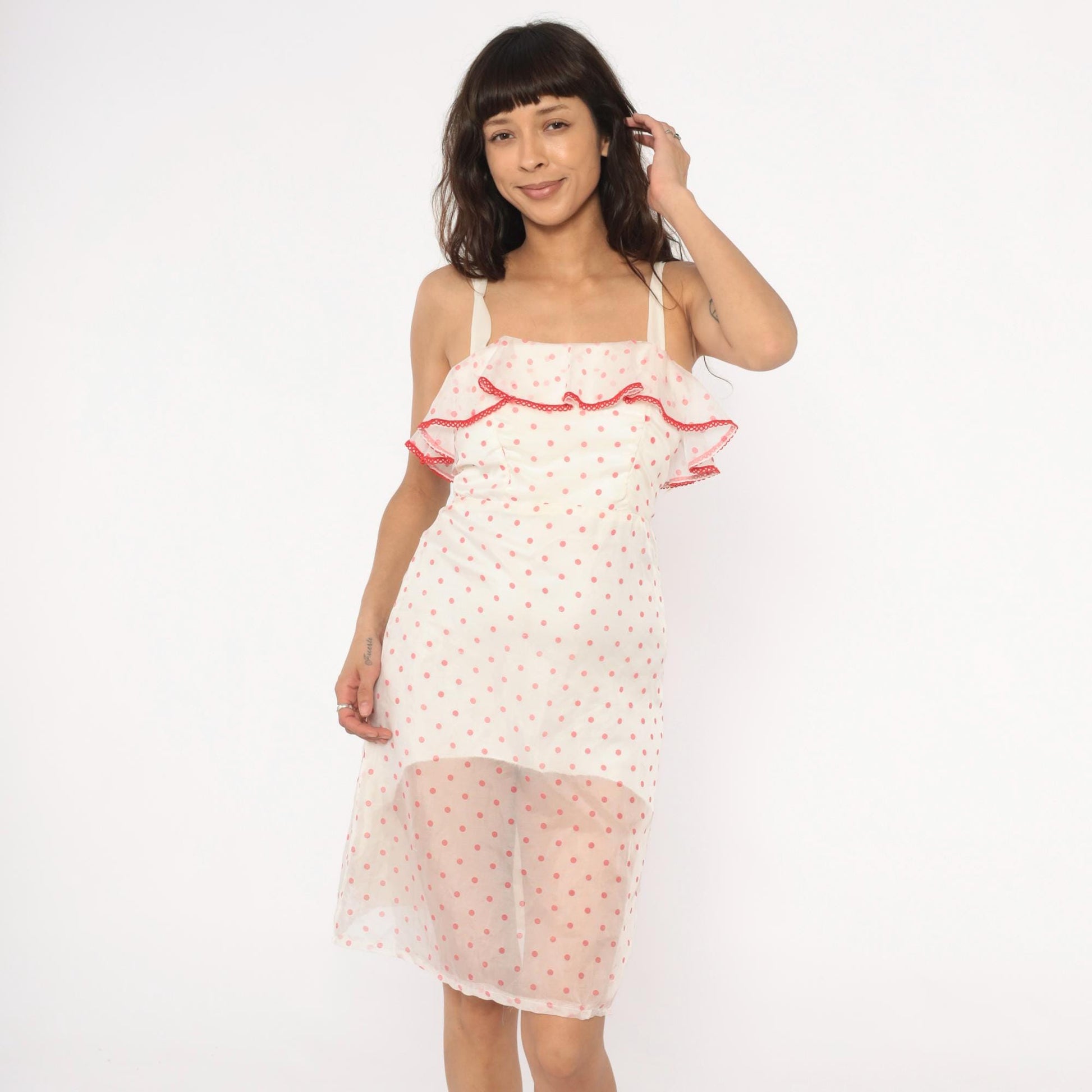 80s Pink White Polka Dot Midi Dress Red Ribbon Ruffle Spaghetti Strap Extra Small