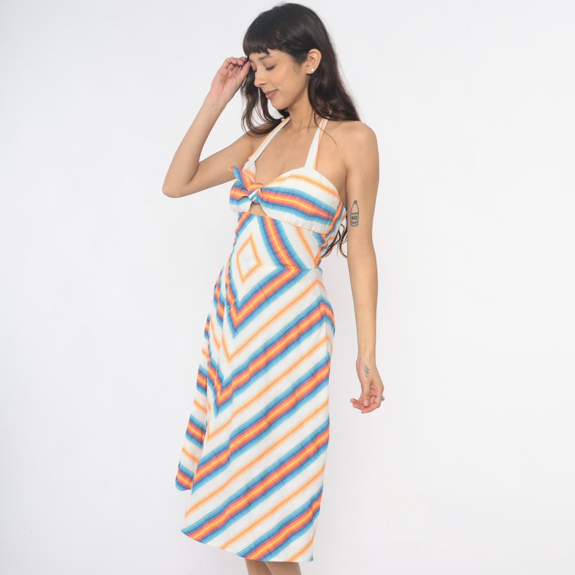 70s Rainbow Chevron Halter Dress Cutout Tie Front Cotton Small