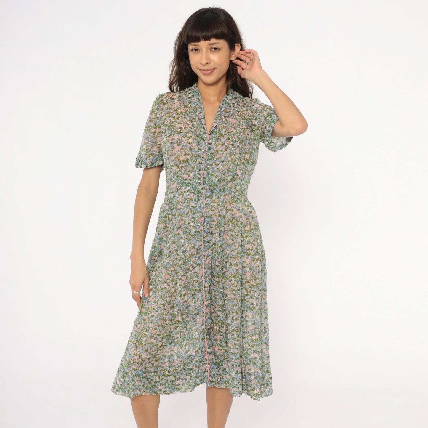 60s Laiglon Floral Midi Dress Button Front Shirtdress Cotton Medium