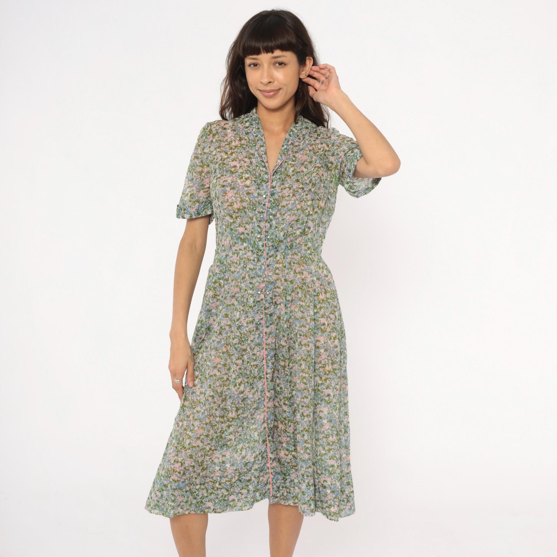 60s Laiglon Floral Midi Dress Button Front Shirtdress Cotton Medium