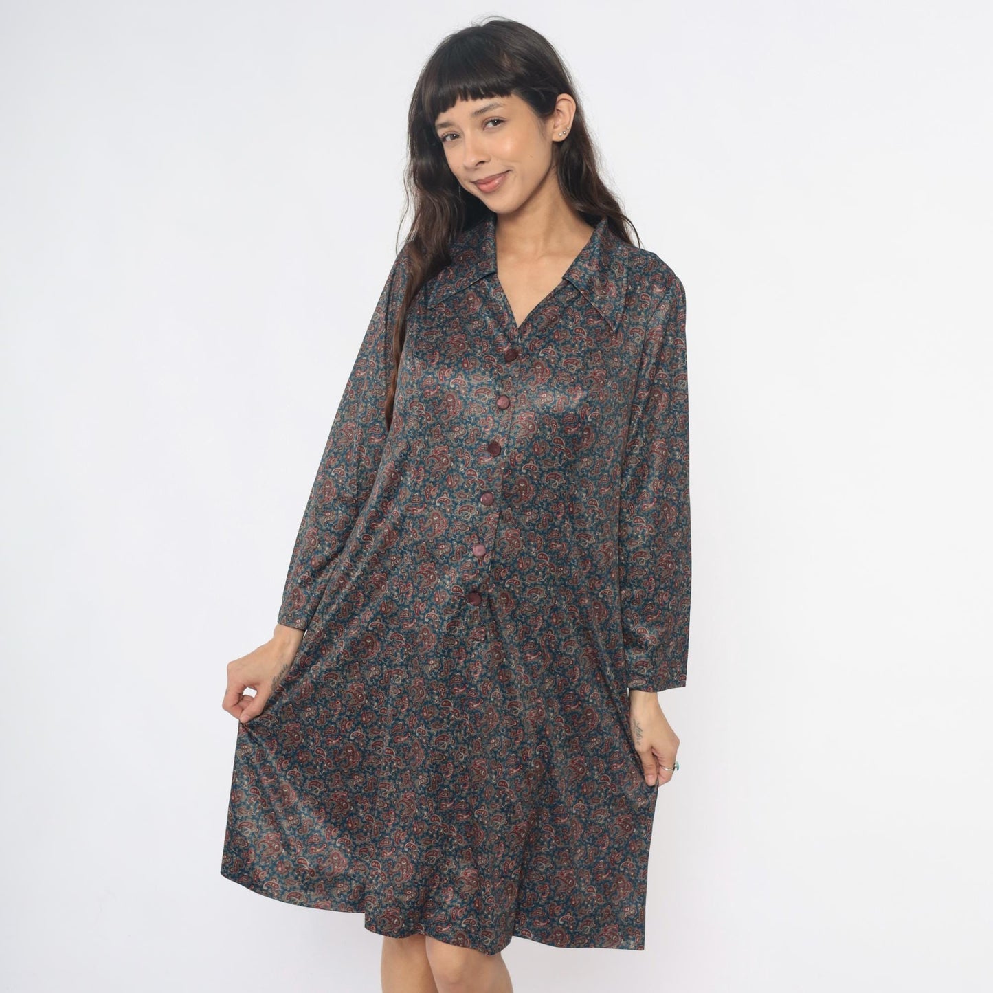 70s Paisley Shirt Dress Collared Button Front Long Sleeve Blue Large L