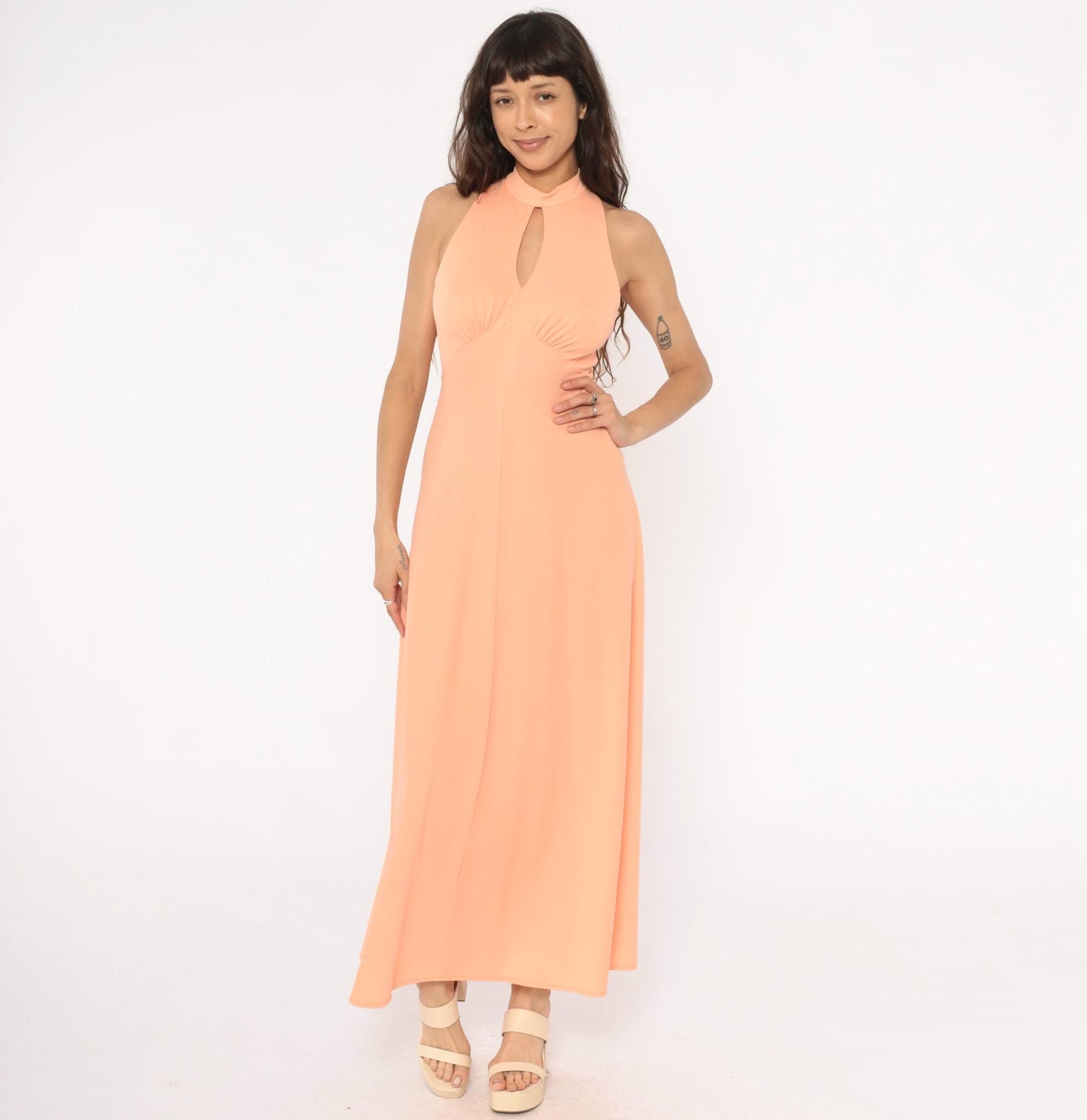 70s Peach Halter Maxi Dress Keyhole Cutout Empire Waist Small