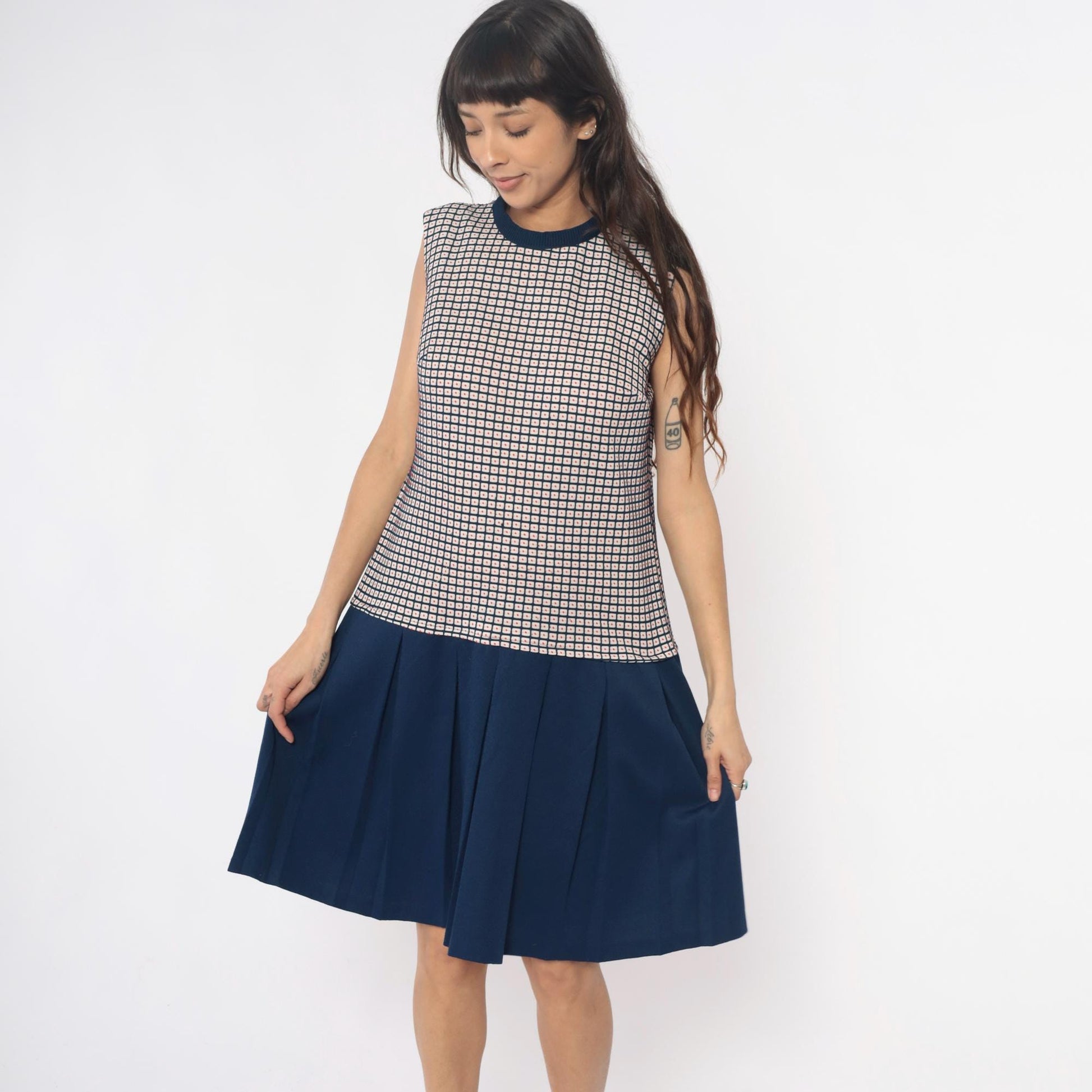 70s Navy Checkered Colorblock Dress Pleated Skirt Sleeveless Large L