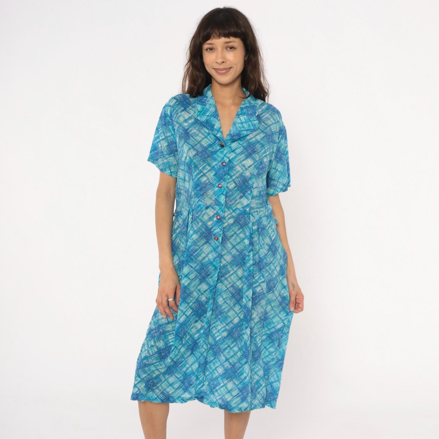 60s Blue Crosshatch Plaid Button-Front Shirtdress Short Sleeve Cotton Large L