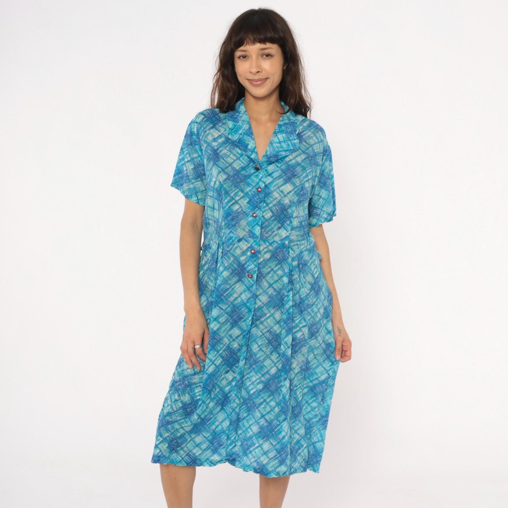 60s Blue Crosshatch Plaid Button-Front Shirtdress Short Sleeve Cotton Large L