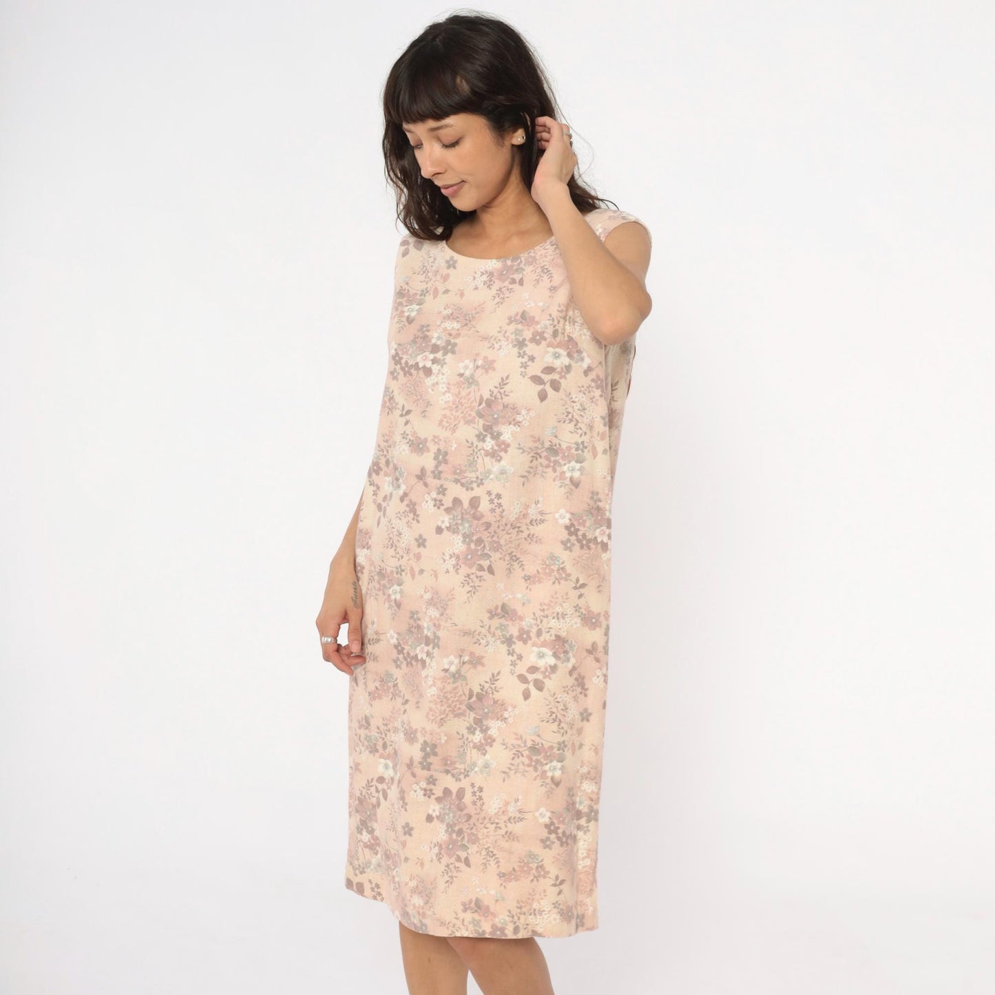 60s Floral Shift Dress Sleeveless Cream Pink Mauve Cotton Medium M