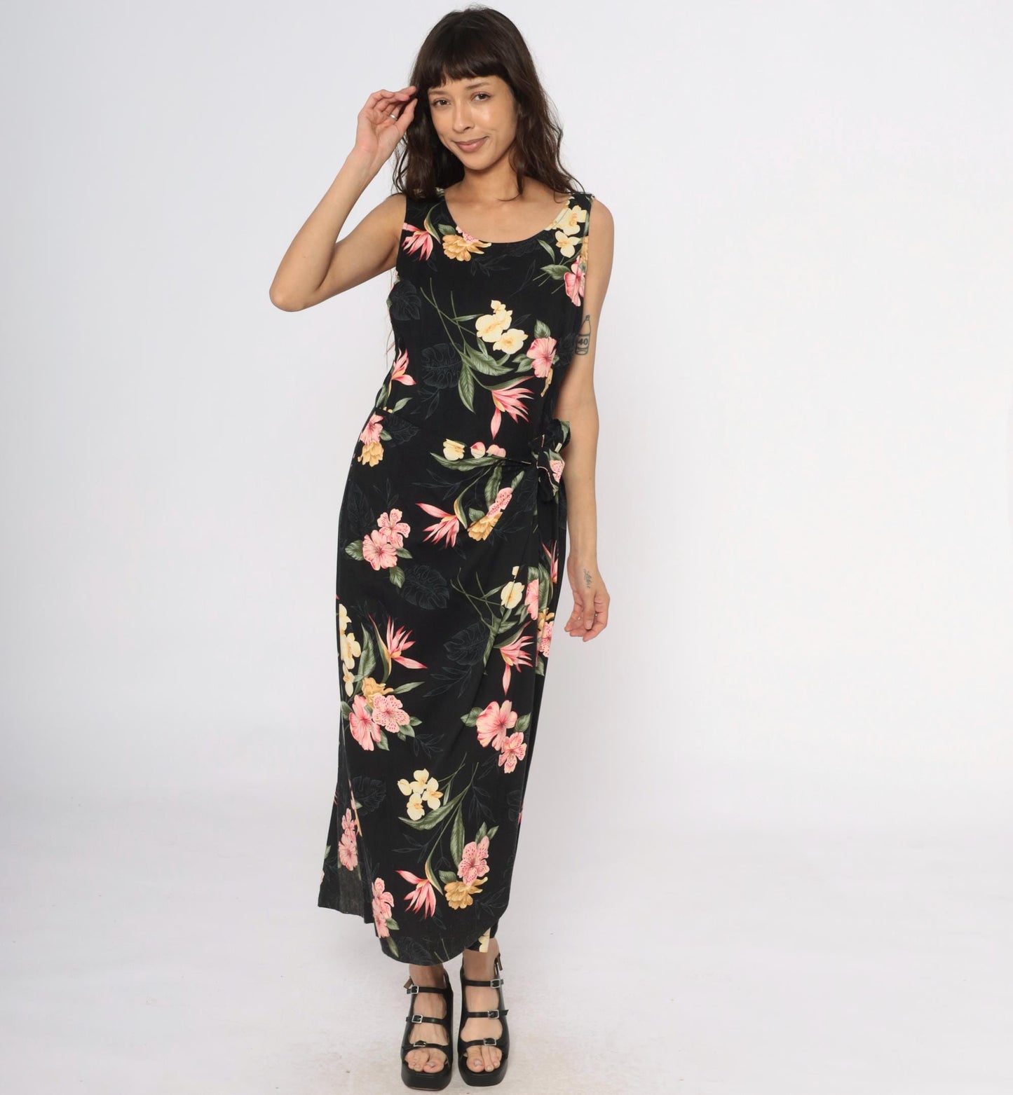 90s Caribbean Joe Black Floral Maxi Dress Tropical Print Sleeveless Large L