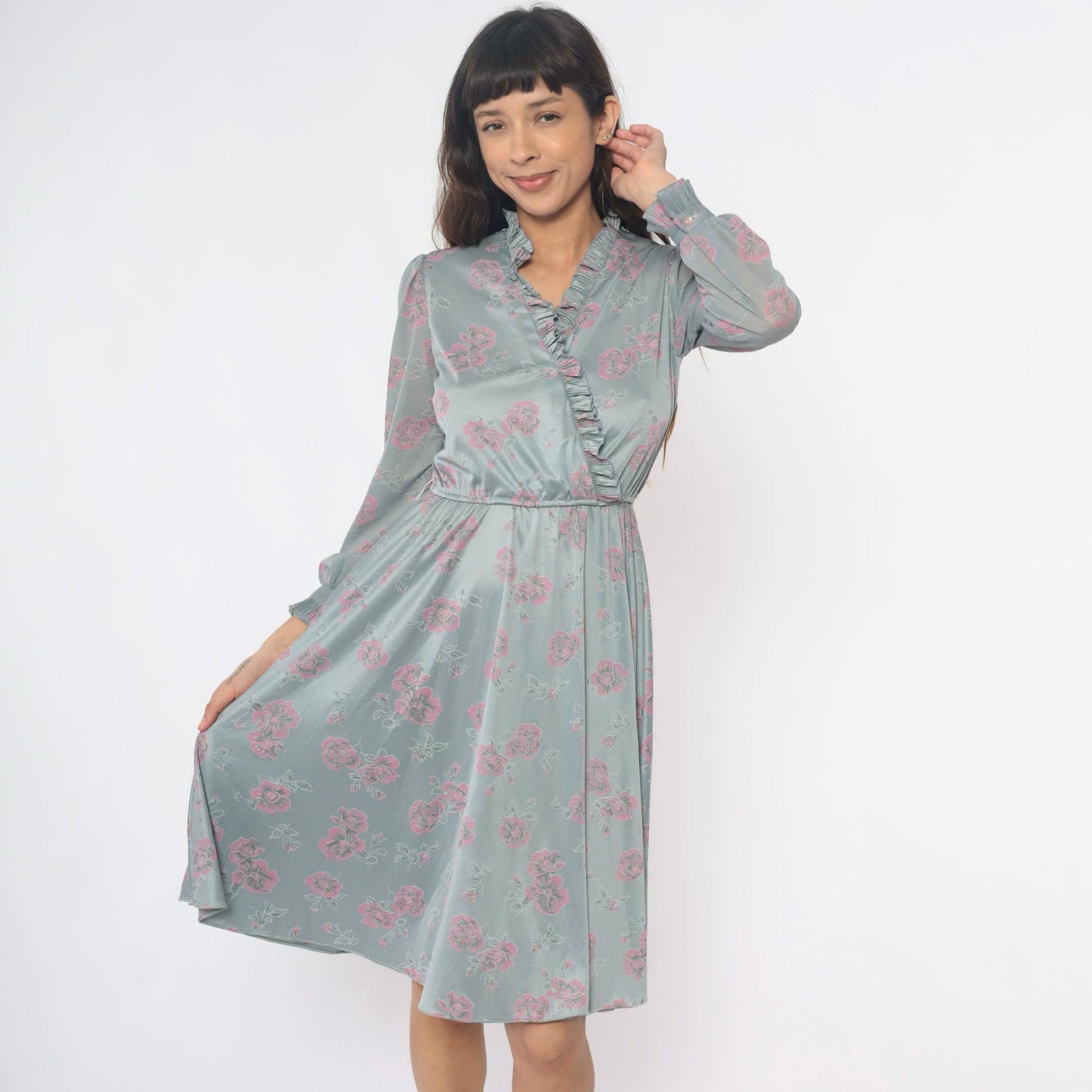 70s Floral Dress Silver Pink Long Sleeve Ruffle V-Neck Pleated Midi Small