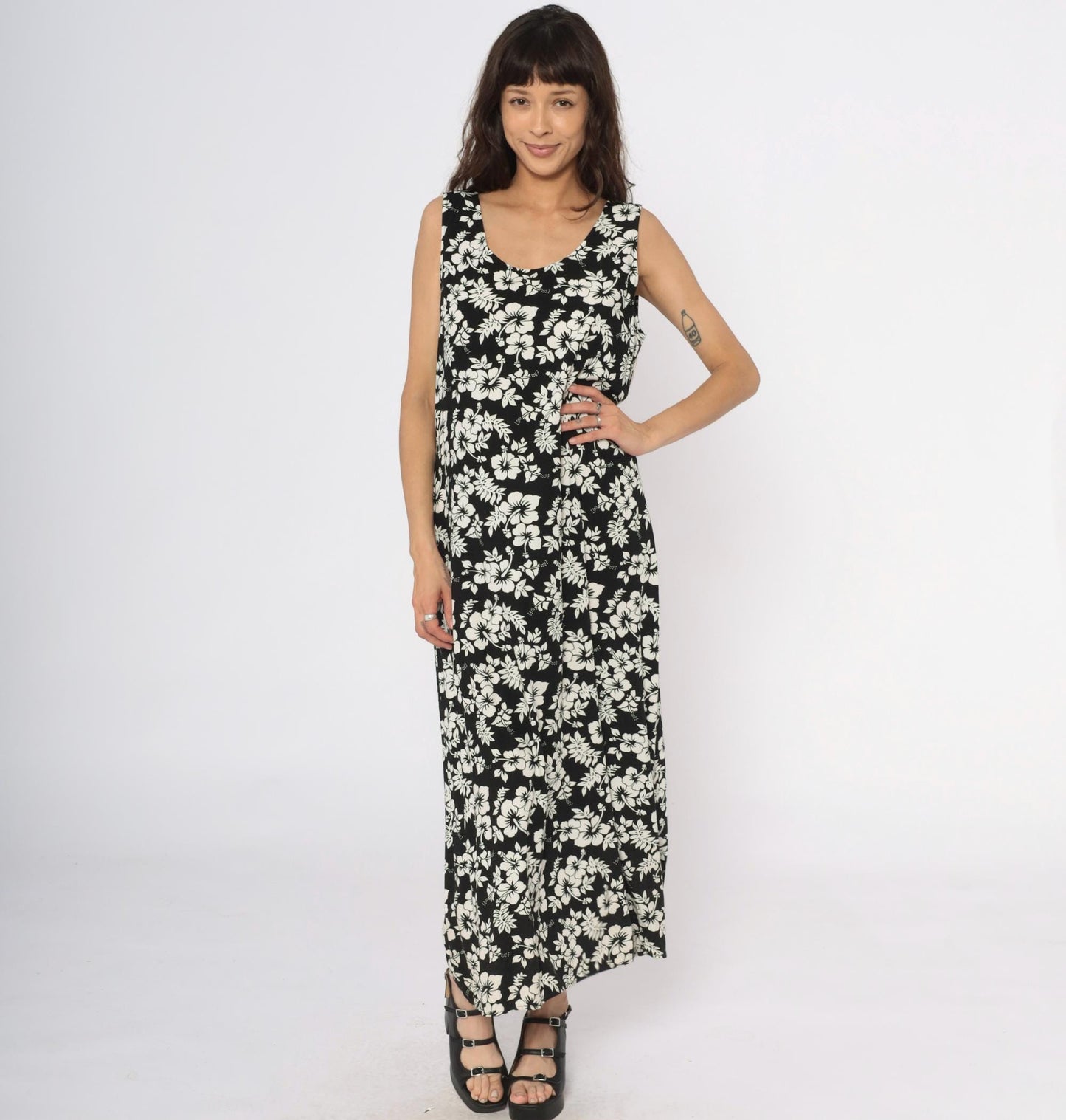 Y2K Josephine Chaus Black Maxi Dress Hibiscus Floral Print Large L
