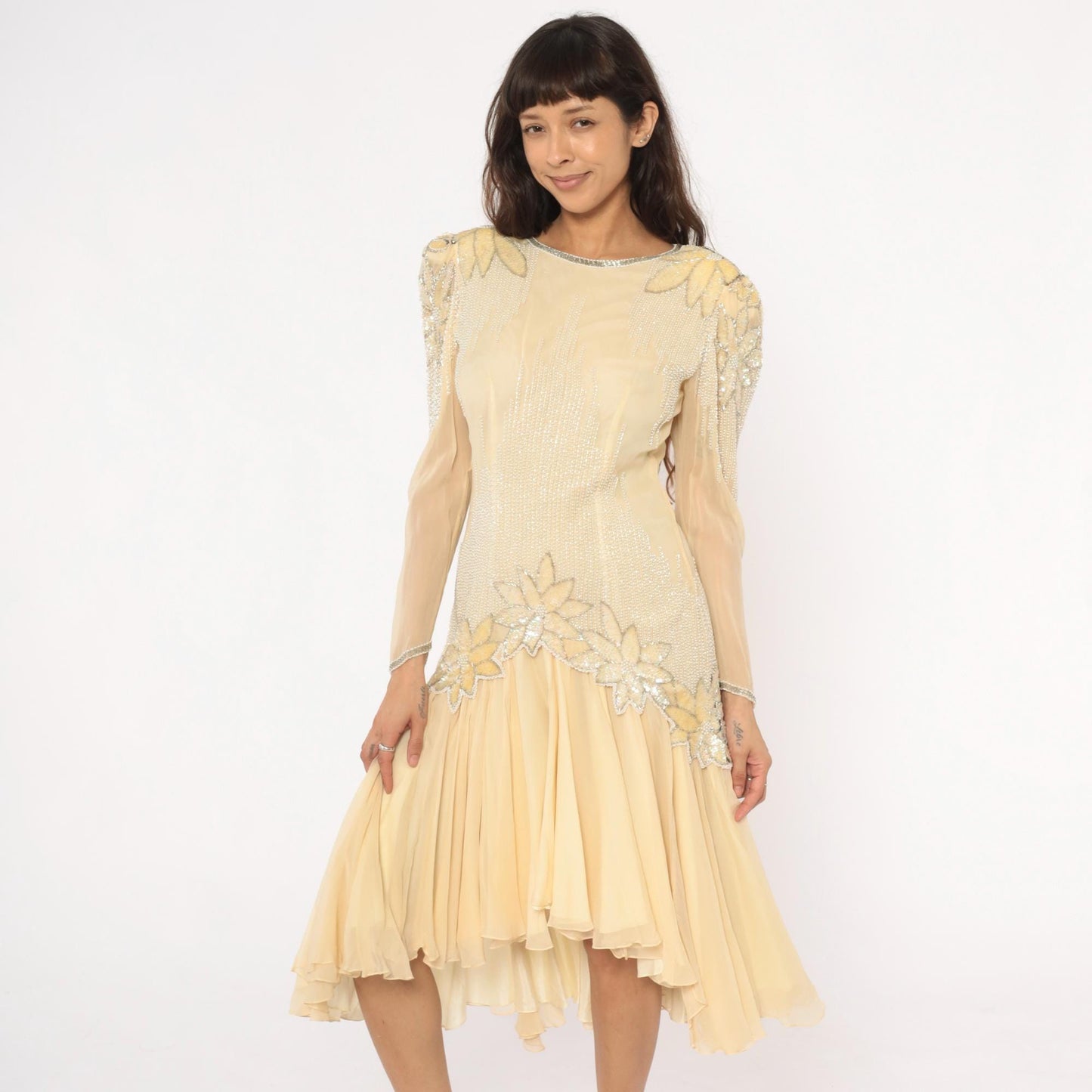 80s Sho Max Originals Silk Dress Beaded Drop Waist Cream Medium M