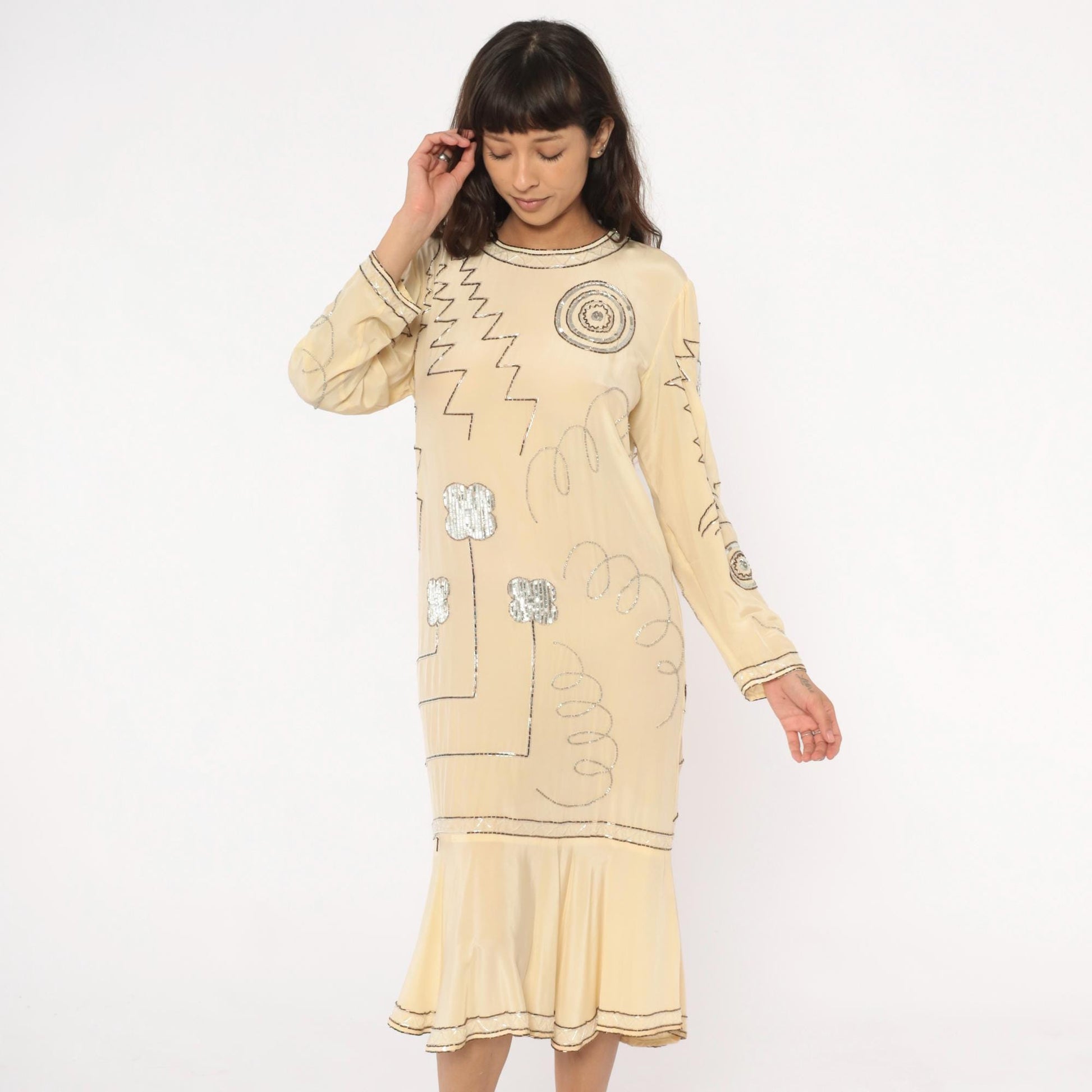 90s Argenti Silk Beaded Midi Dress Cream Drop Waist Geometric Embroidered Medium M