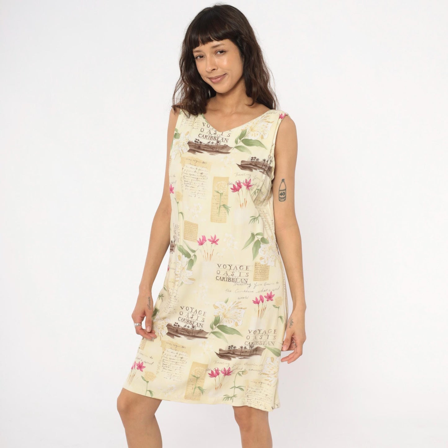 90s Caribbean Joe Tropical Shift Dress Cream Floral Postcard Print Extra Large