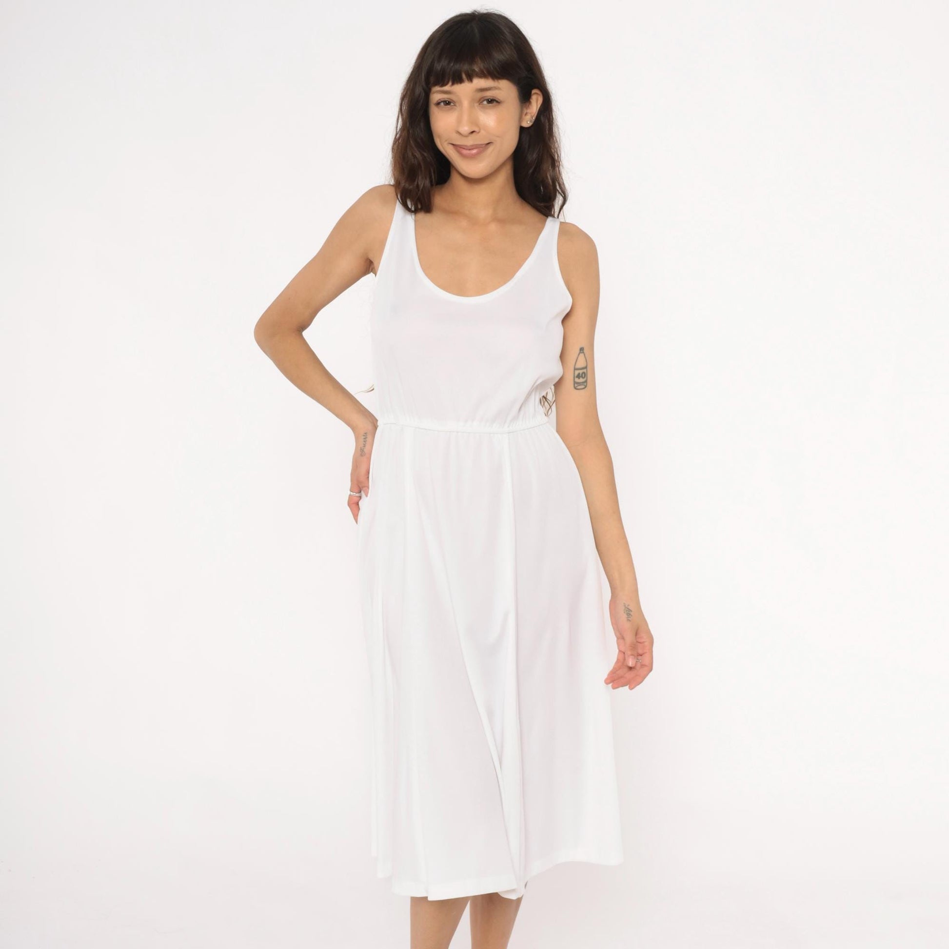 70s White Midi Dress Elastic Waist Scoop Neck A-Line Tank Strap Medium M