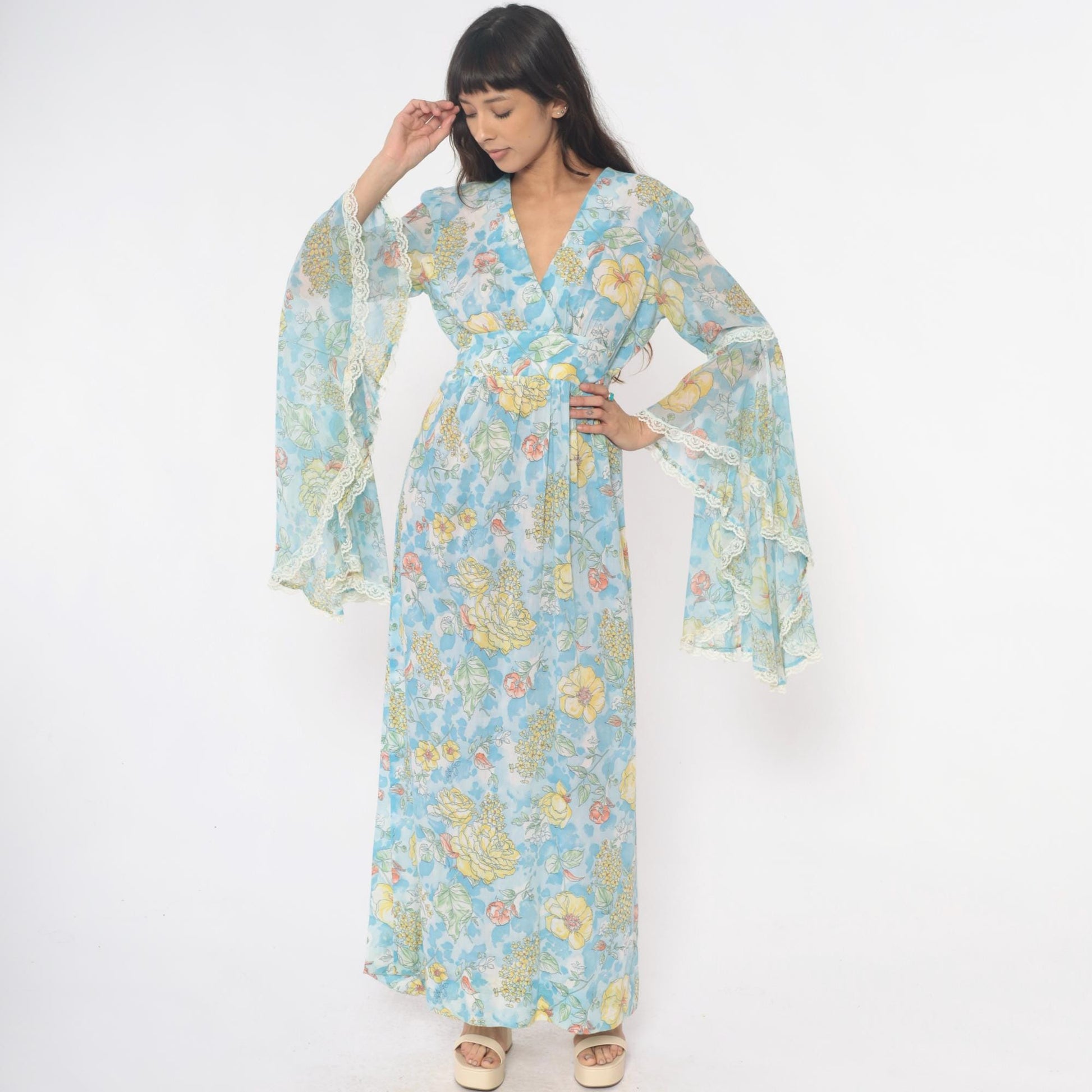 70s Light Blue Floral Maxi Dress Bell Sleeve Wrap Tie Waist Lace Trim Small Medium
