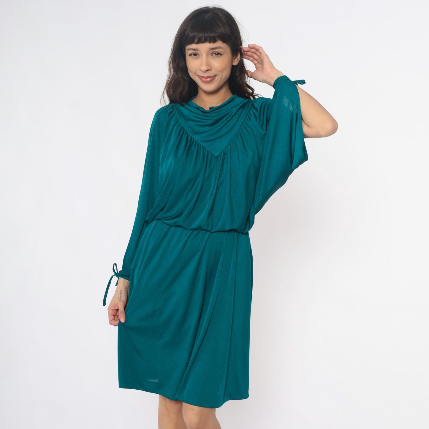80s Teal Cowl Neck Dress Draped Split Sleeve Knee-Length Small Medium