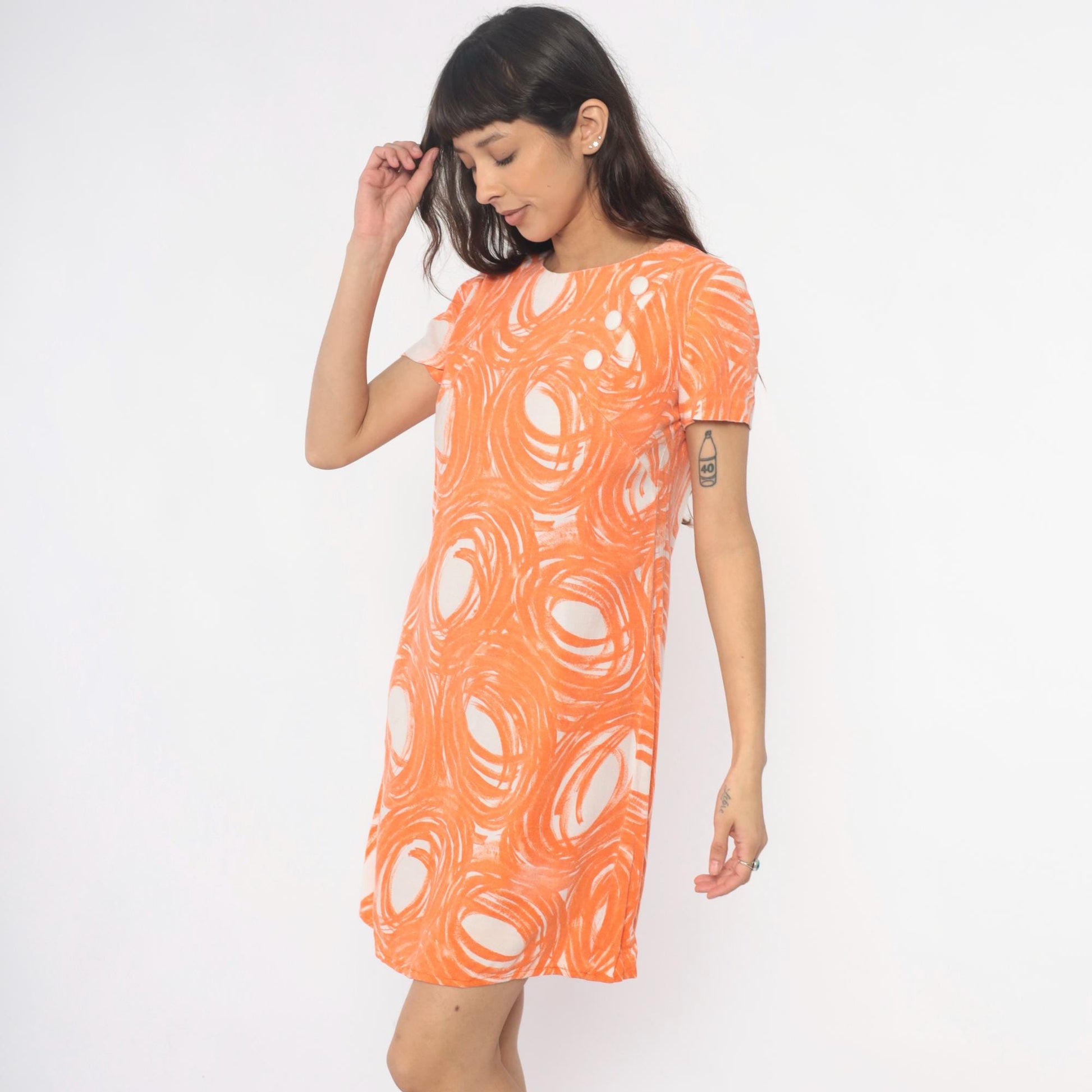 60s Mod Shift Dress Orange White Swirl Print Vogue Special Small