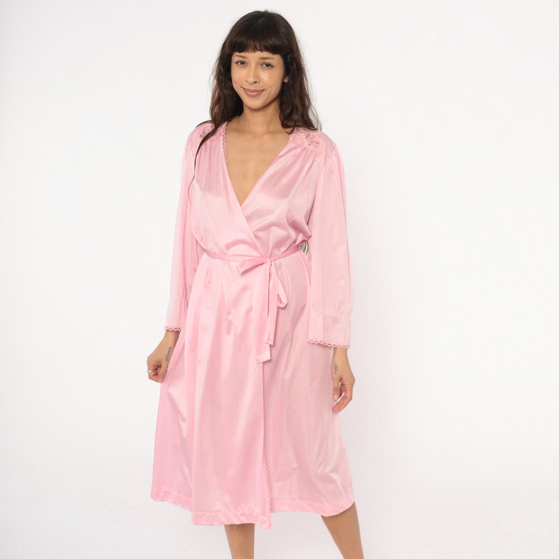 70s Lorraine Pink Lace Wrap Robe V-Neck Tie Front Lingerie Medium M