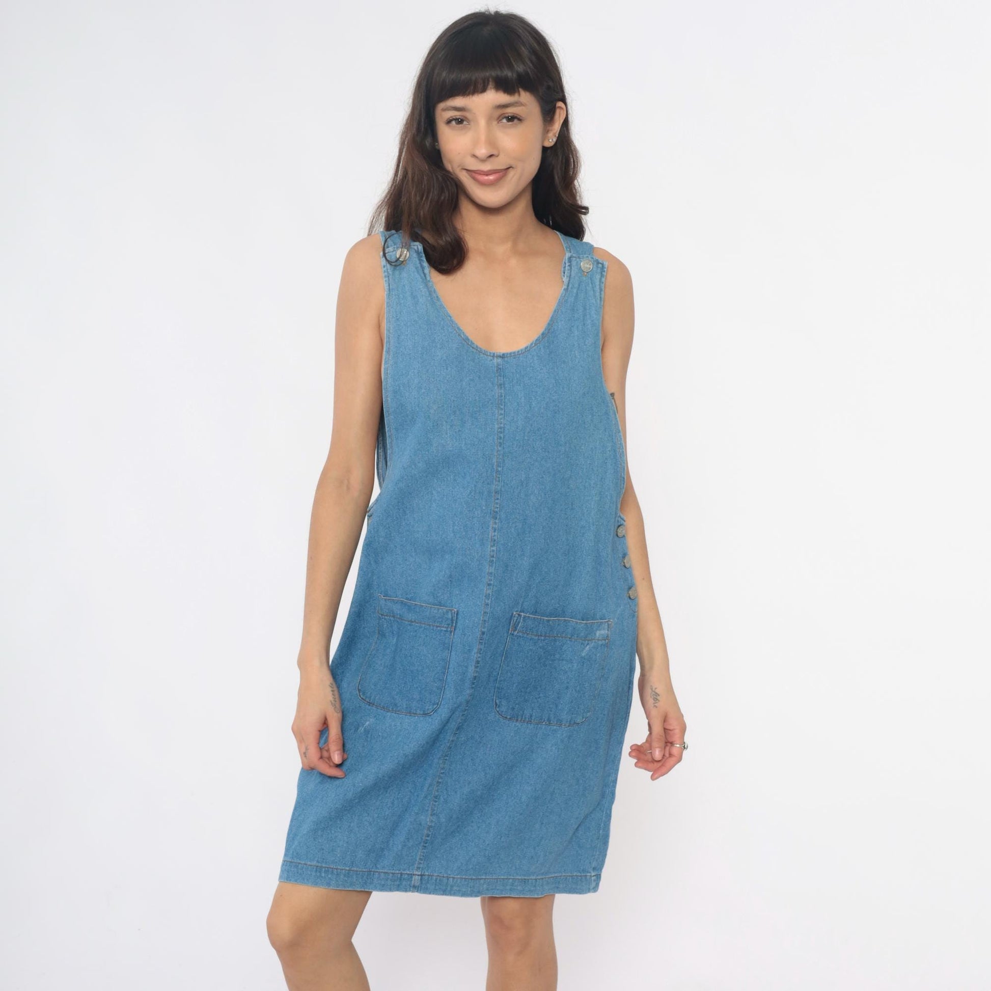 90s Fads Light Blue Denim Dress Sleeveless Side Button Shift Large L