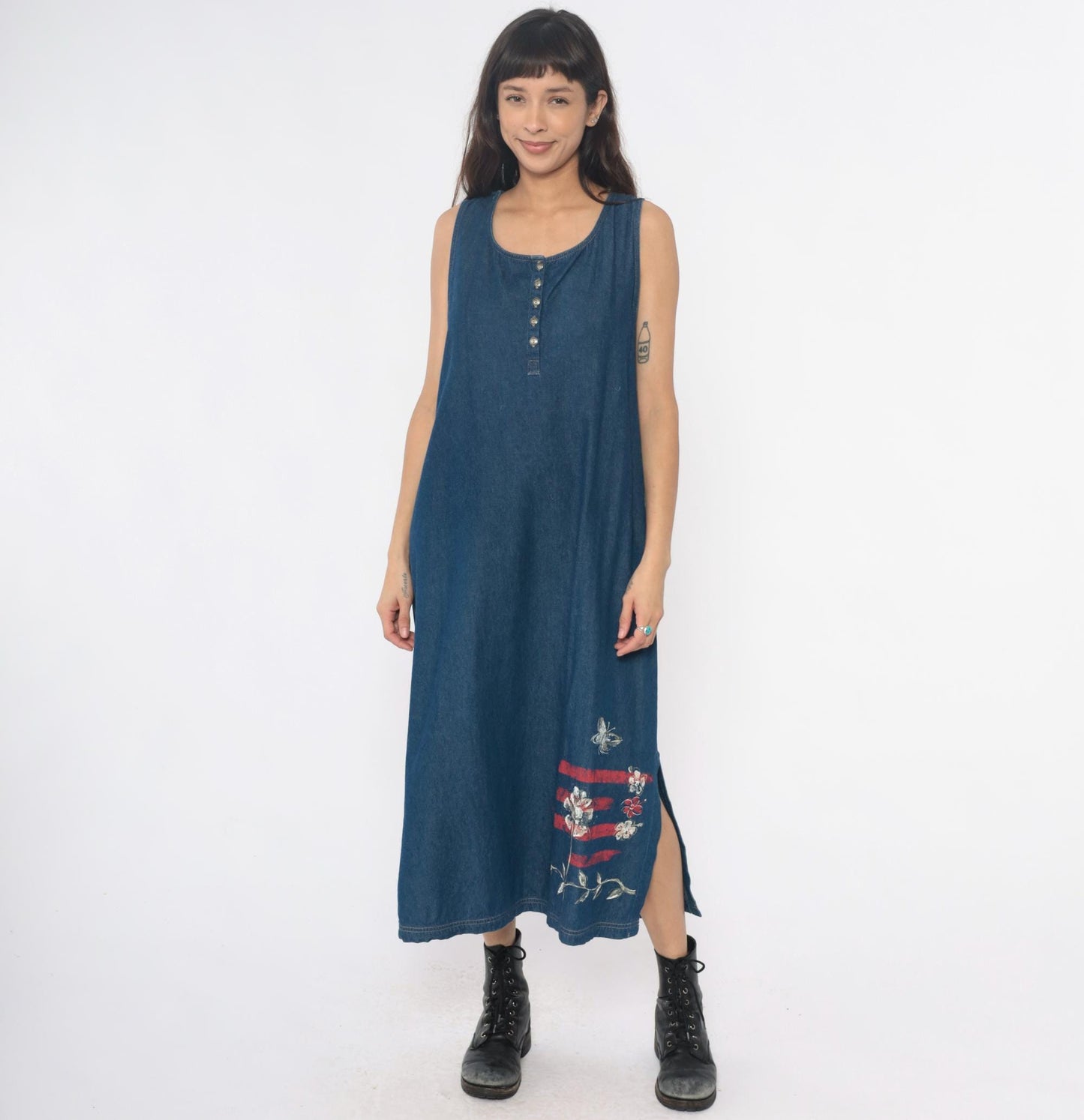 90s Blue Denim Maxi Dress Floral Butterfly Painted Tank Sleeveless Large L