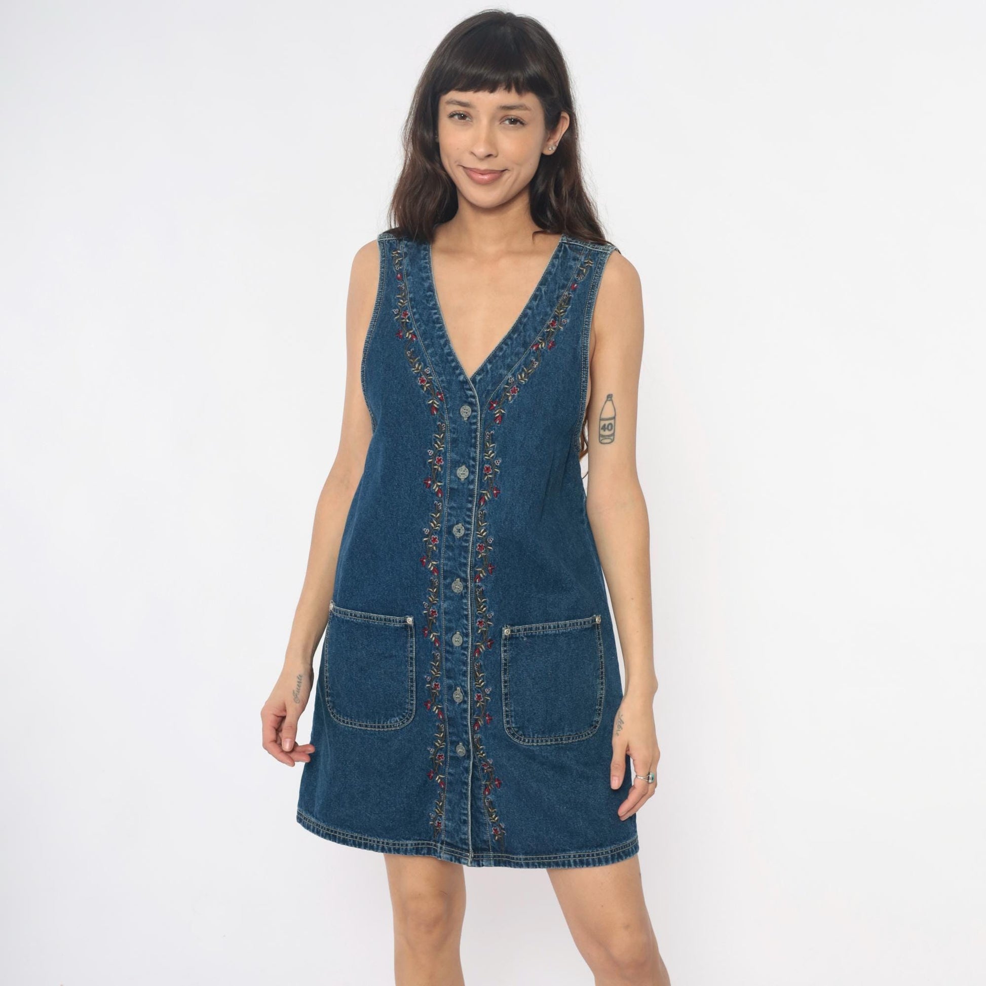90s JL NY Sport Denim Mini Dress Floral Embroidery Blue Small