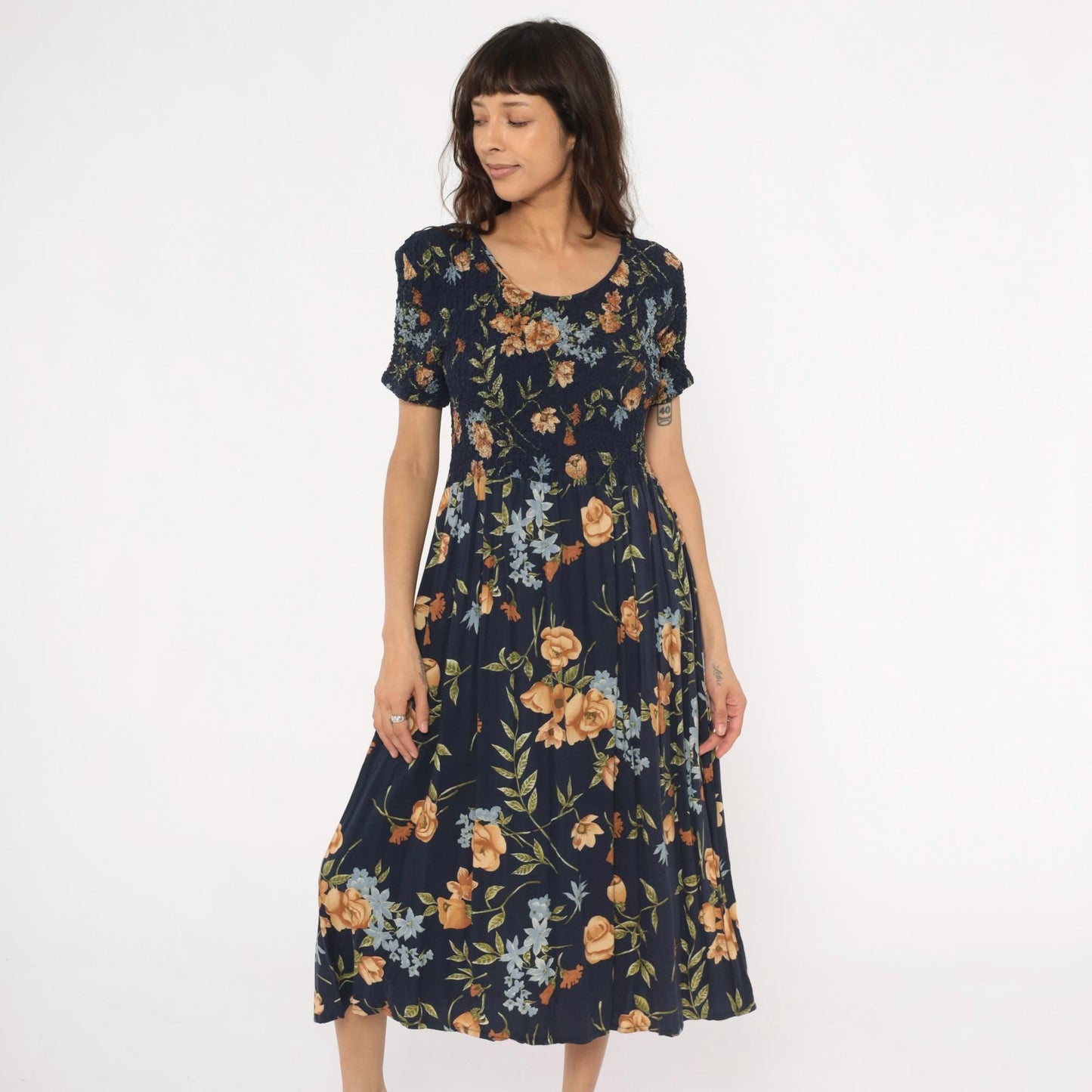 90s Impressions Navy Floral Midi Dress Smocked Empire Waist Short Sleeve Large L