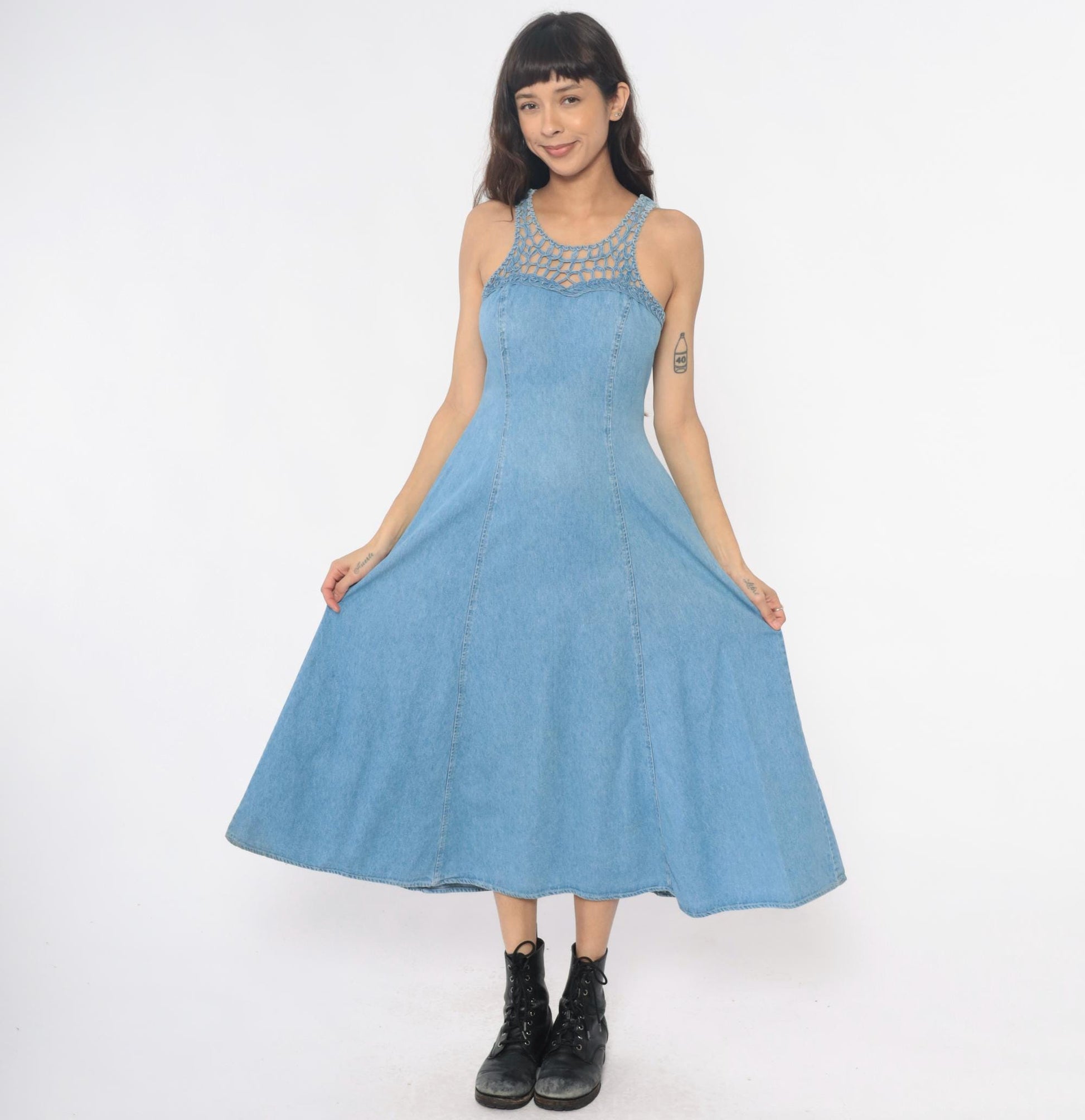 90s Jody California Denim Maxi Dress Light Blue Crochet Lace-Up Racerback Small