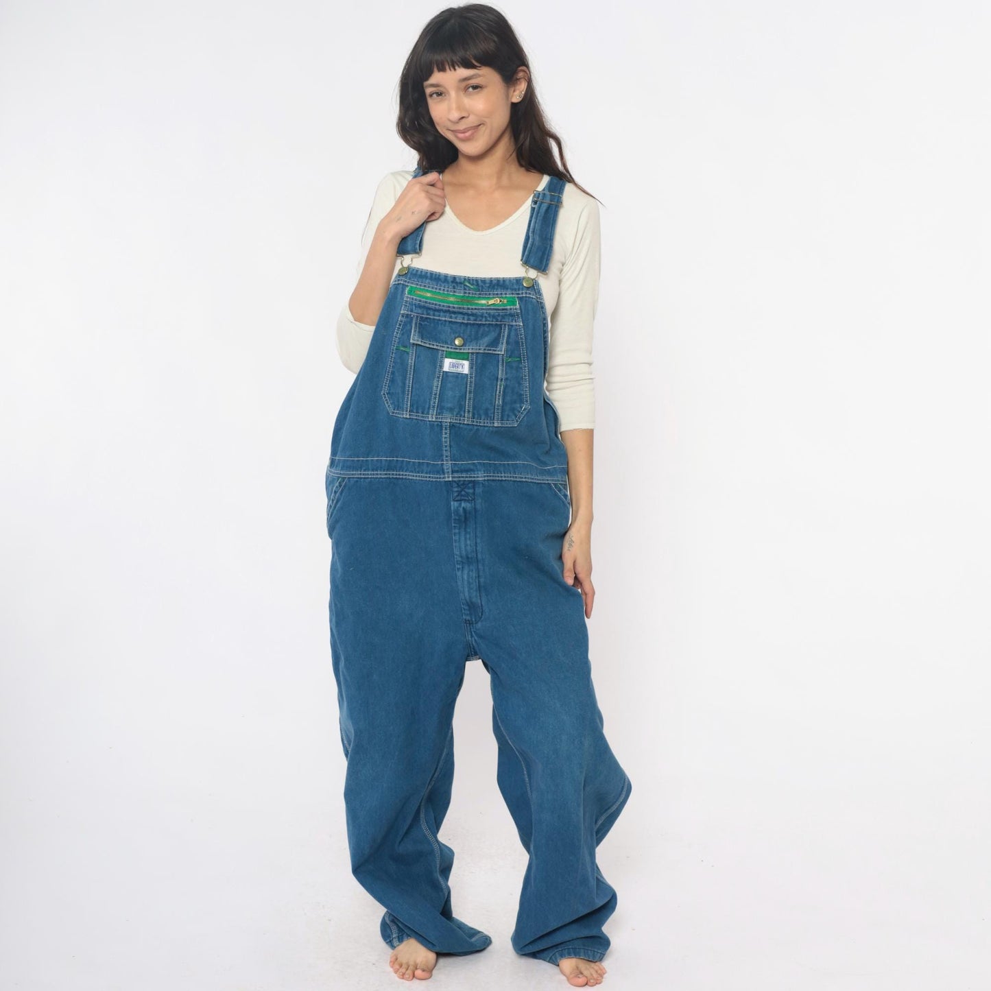 Y2K Liberty Denim Overalls Medium Blue Green Stitching Carpenter Jumpsuit