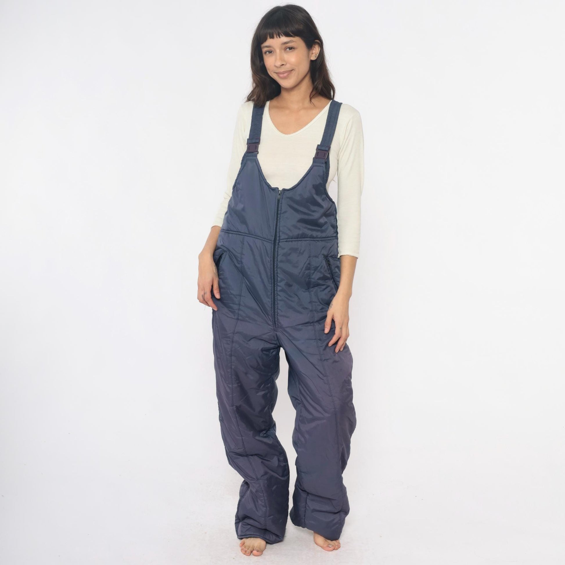80s Sunshine Mountain Navy Ski Bib Overalls Insulated Nylon Large L