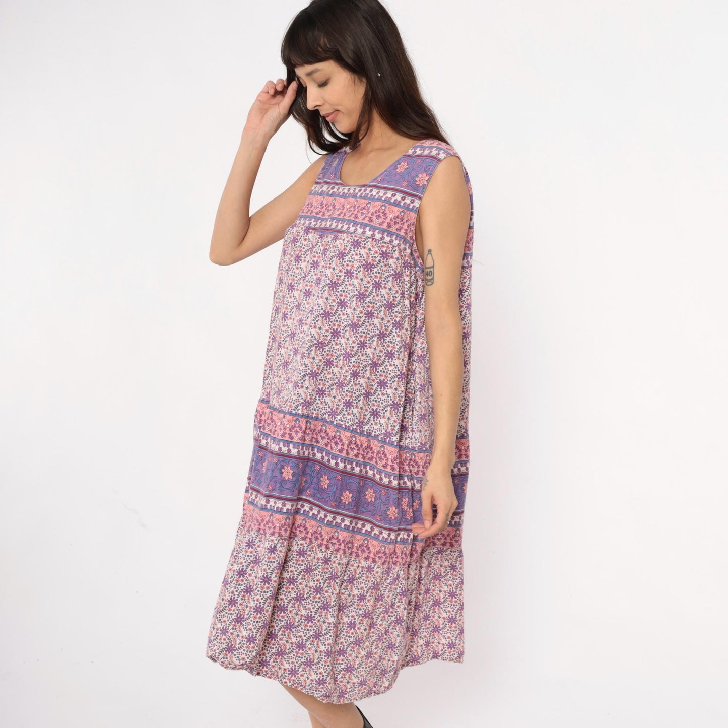 90s La Cera Floral Cotton Maxi Dress Purple Pink Scoop Neck Extra Large XXL