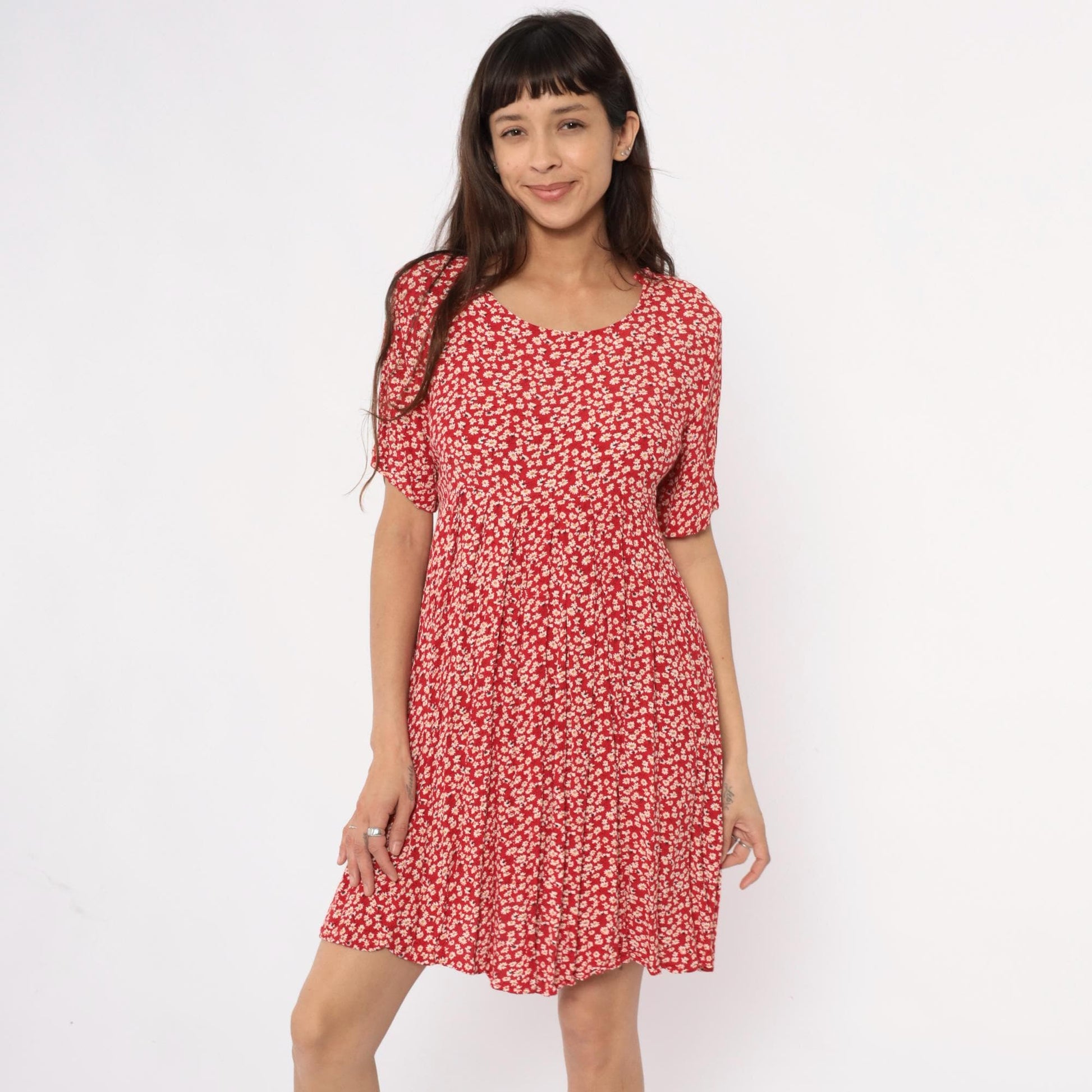 90s Red Daisy Mini Dress Rayon A-Line Scoop Neck Short Sleeve Medium M