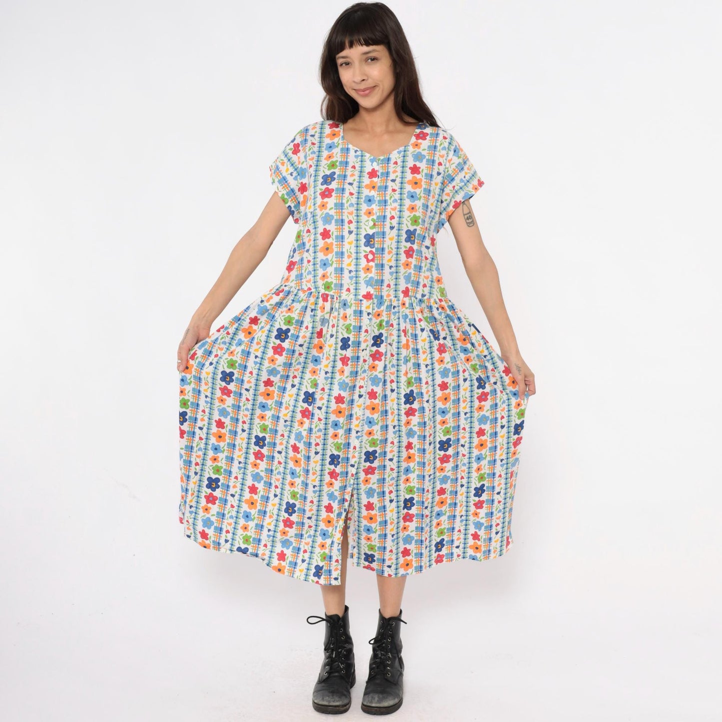 80s Chandni Floral Maxi Dress Button Front Drop Waist Multicolor Large L