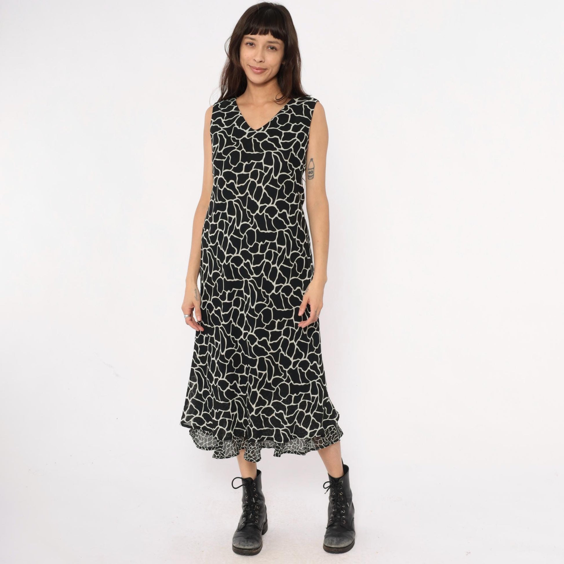 90s Jessica Howard Giraffe Print Maxi Dress Black White Sleeveless Medium