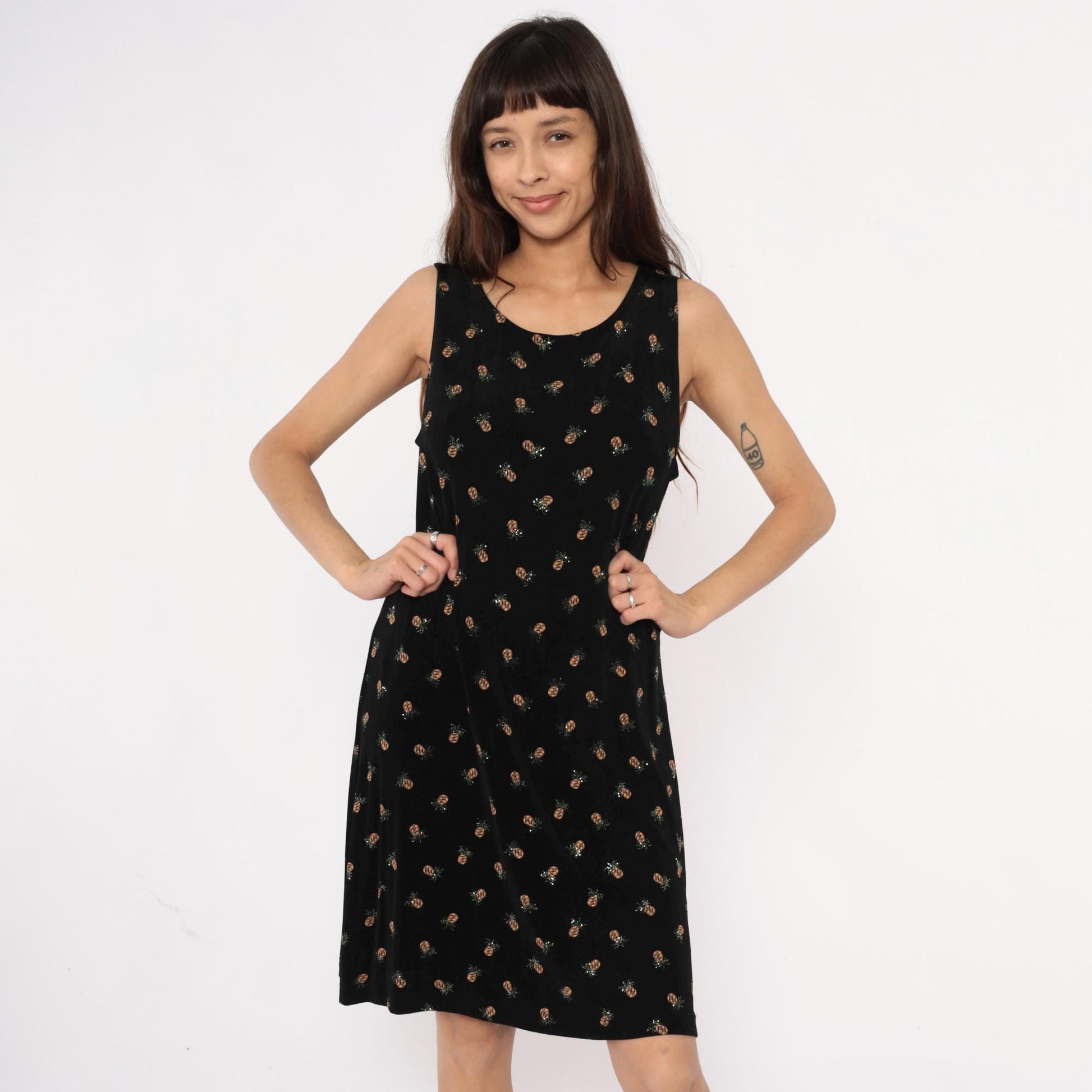 90s Ronni Nicole Pineapple Print Black Shift Dress Medium