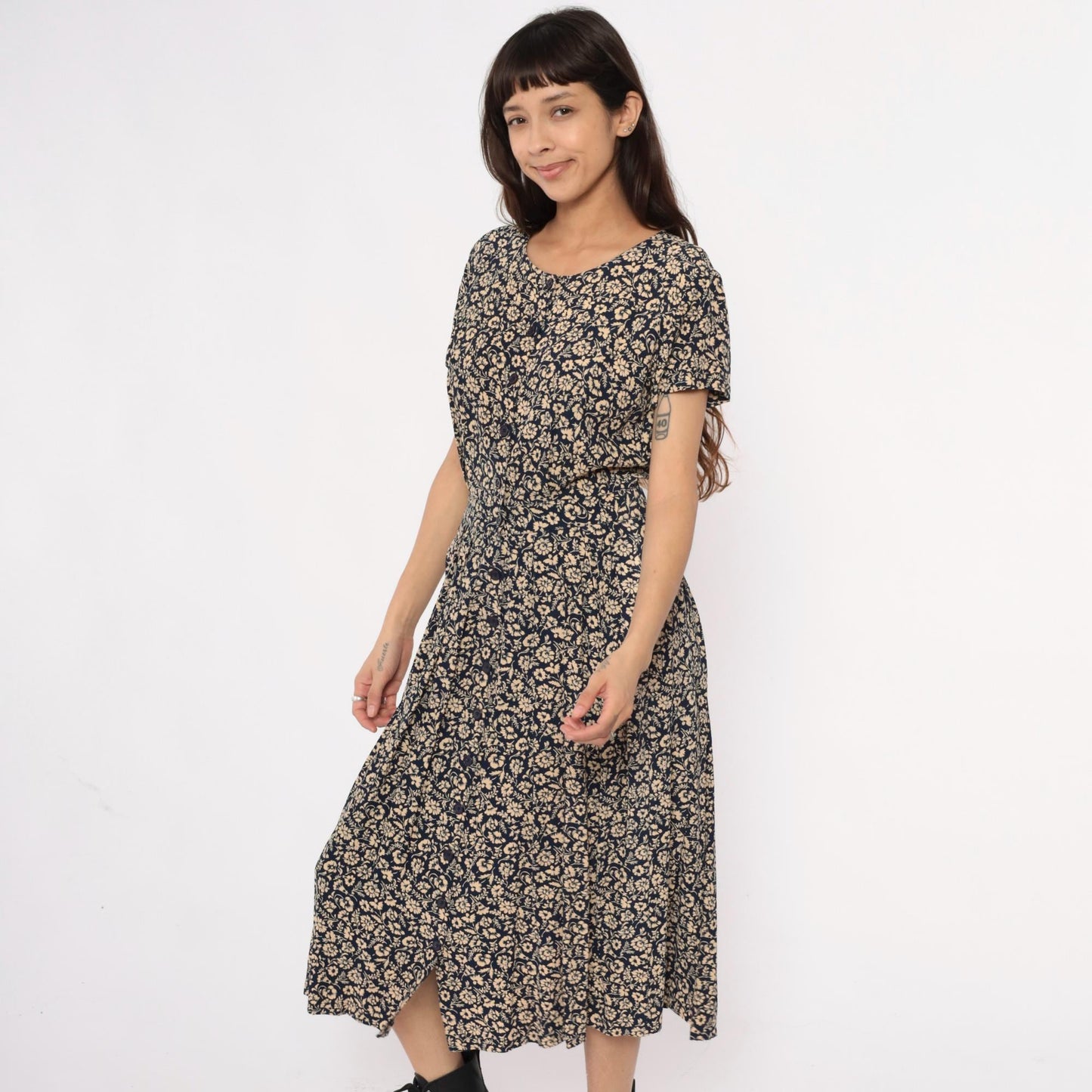 90s Liz Claiborne Floral Midi Dress Navy Cream Short Sleeve Medium
