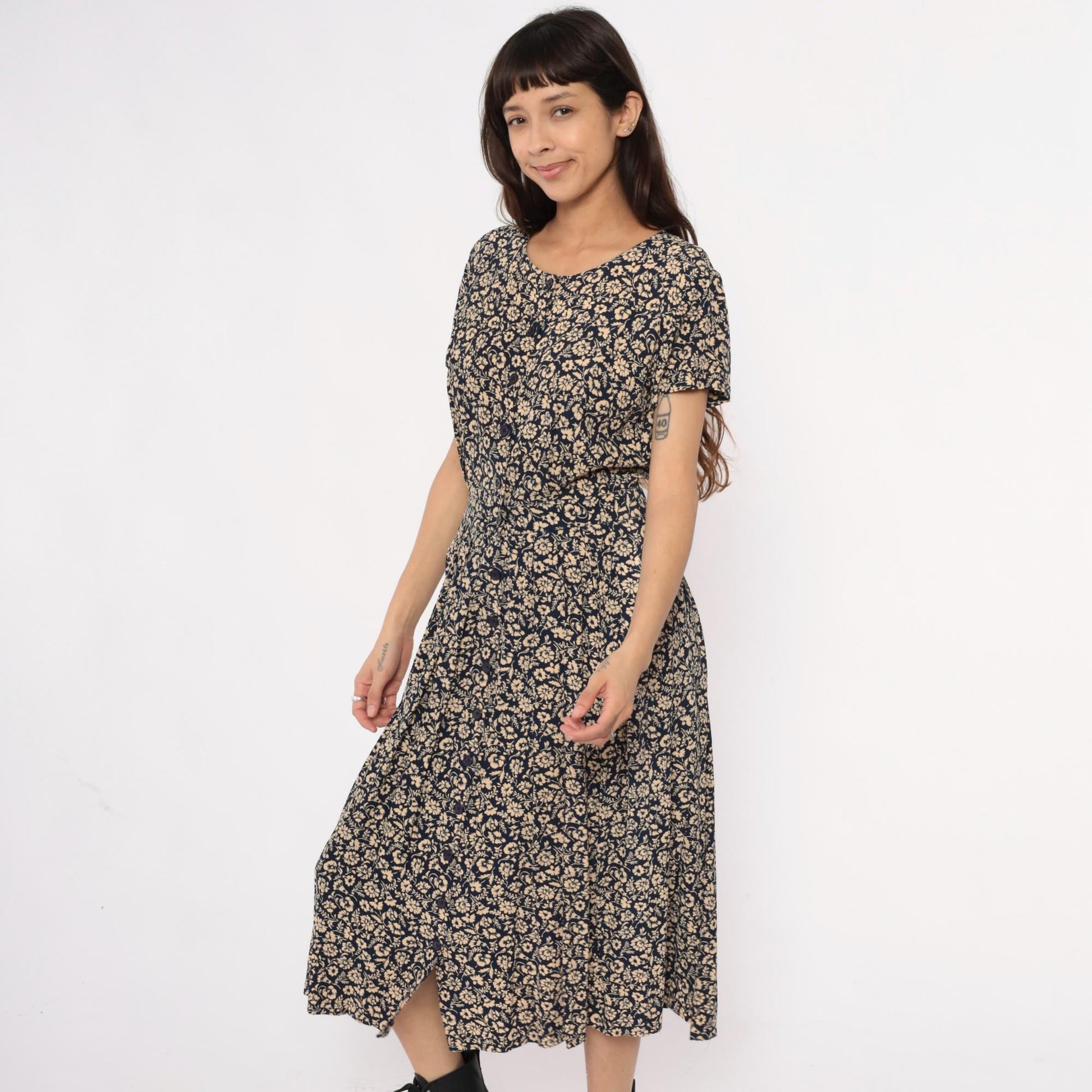 90s Liz Claiborne Floral Midi Dress Navy Cream Short Sleeve Medium