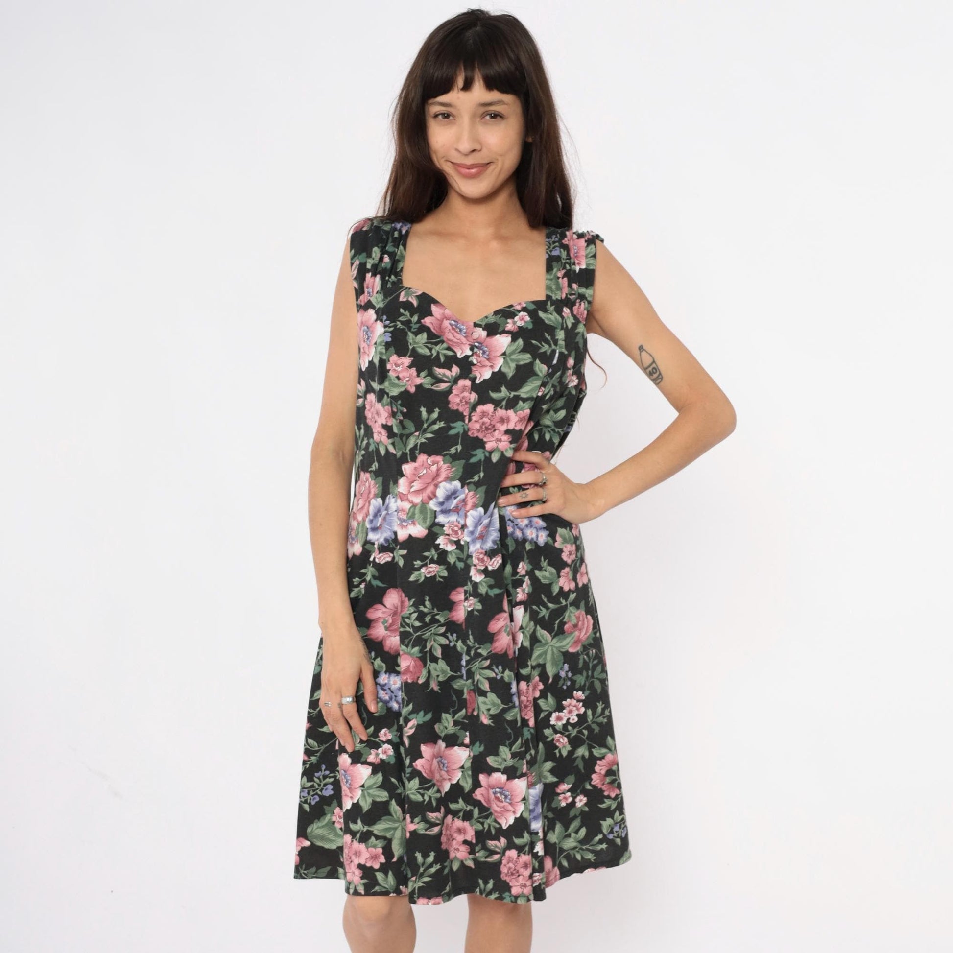 90s Floral Knee-Length Dress Black Pink Roses Blue Flowers Large L